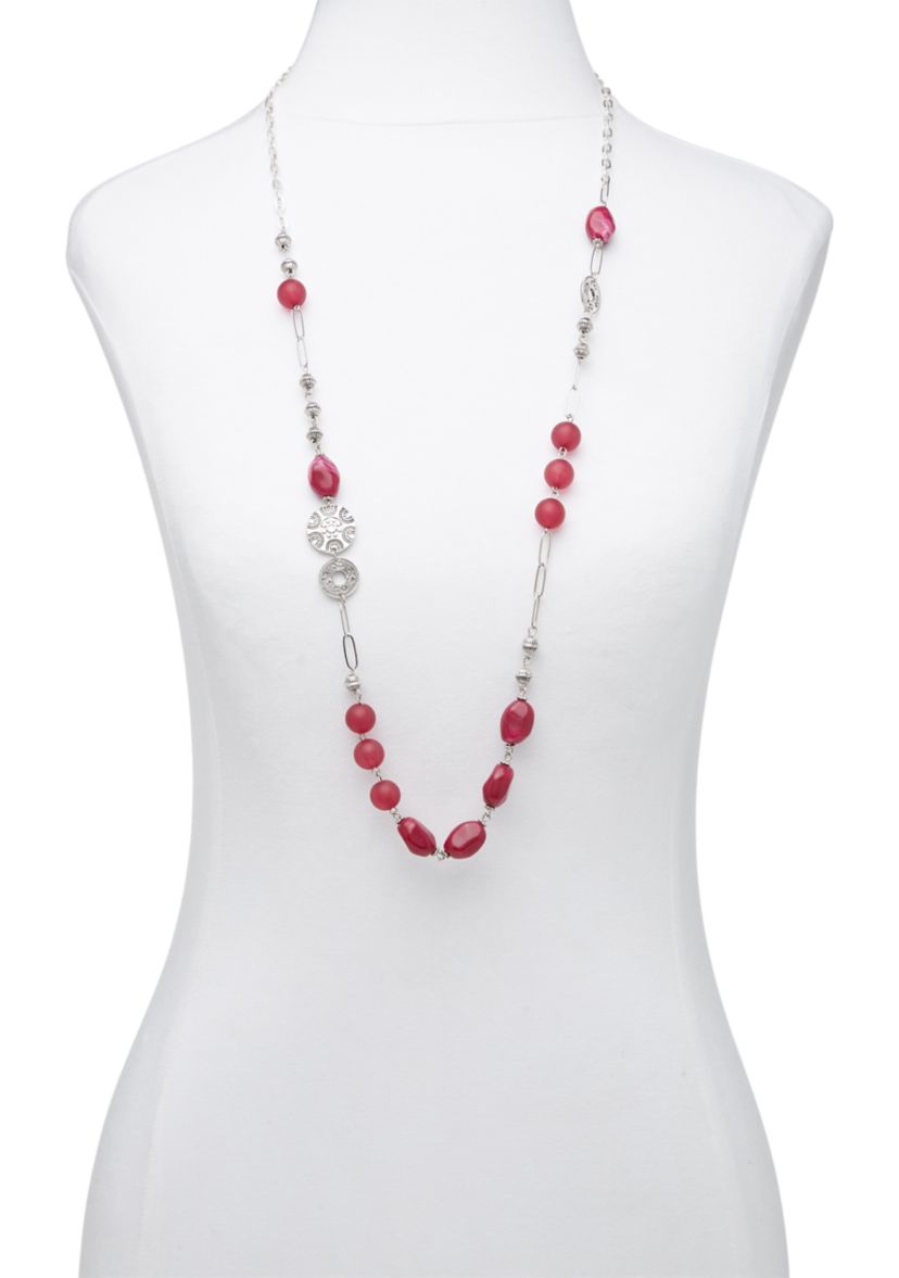 Silver Tone 35" + 3" Extender Long Berry Bead and Textured Disc Necklace 