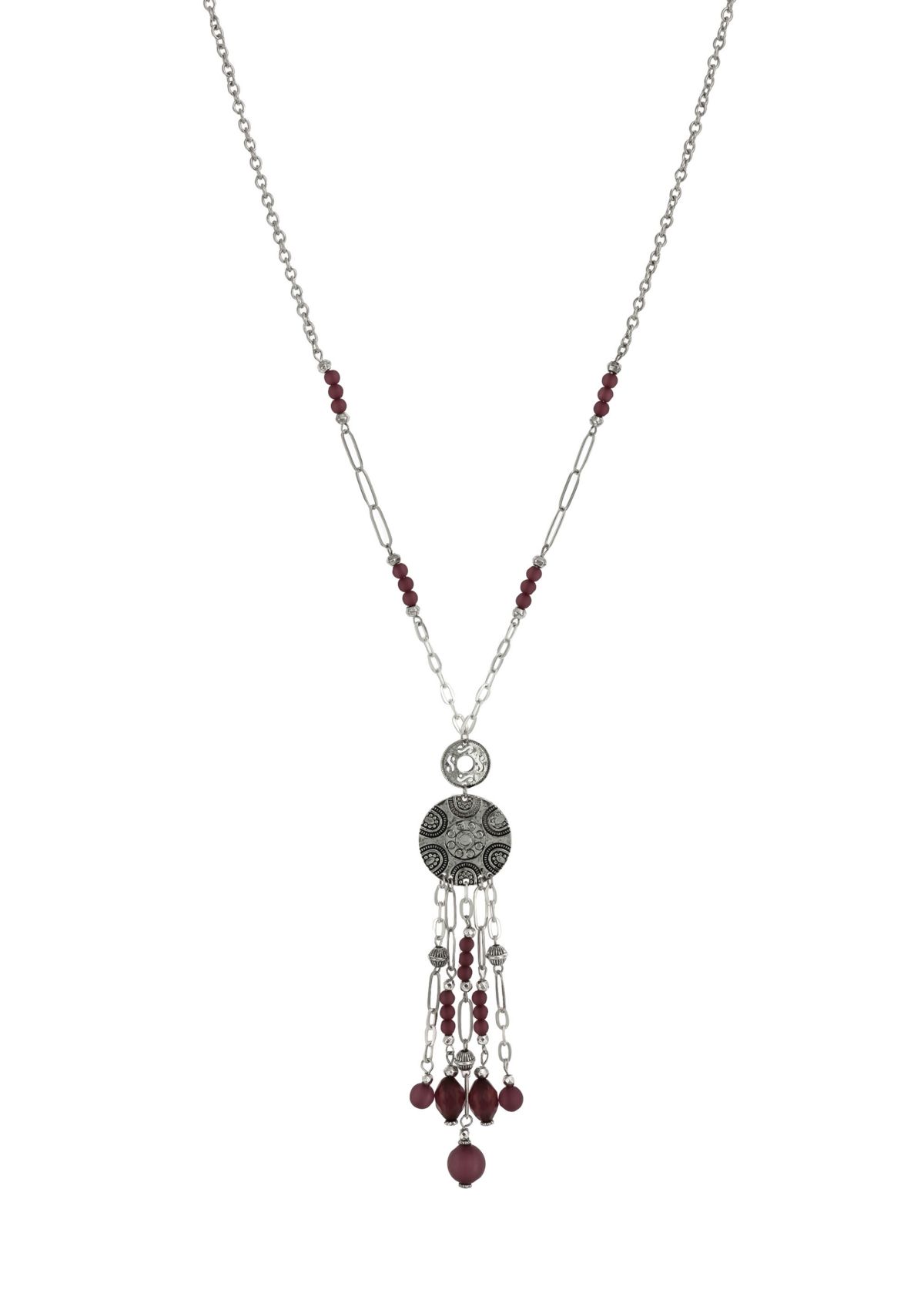 Silver Tone Long Disc Pendant Beaded Tassel Necklace