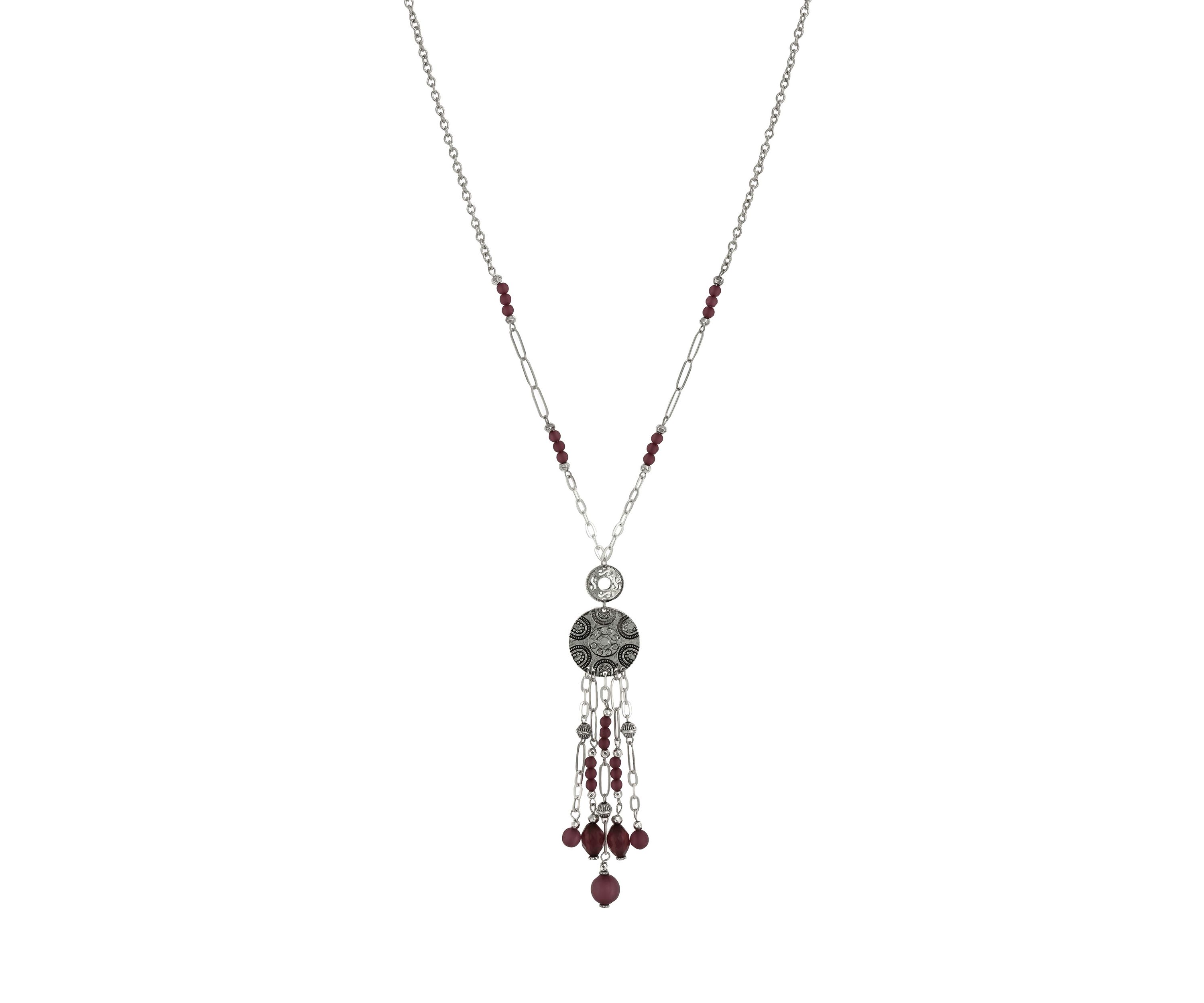 Silver Tone Long Disc Pendant Beaded Tassel Necklace