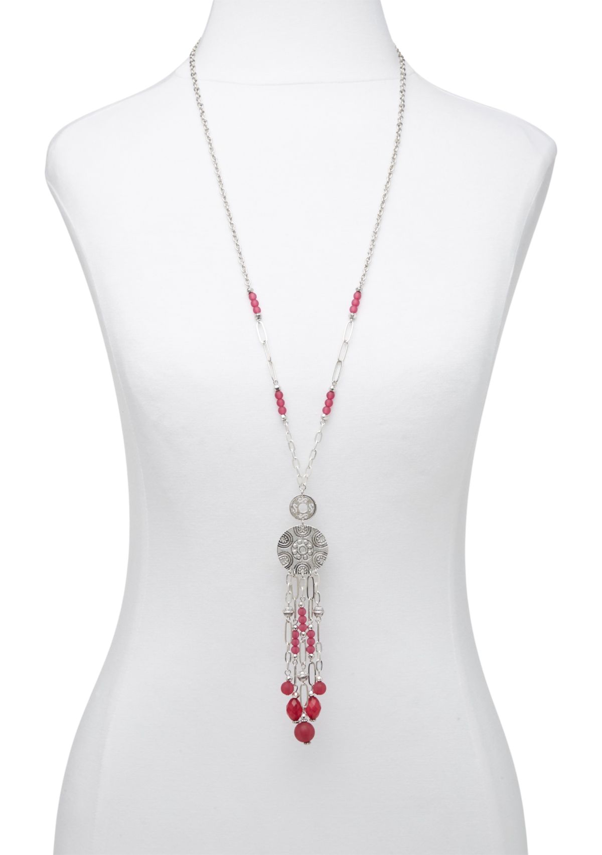 Silver Tone Long Disc Pendant Beaded Tassel Necklace
