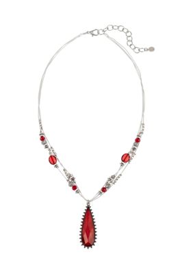 Ruby Rd Silver Tone 19'' + 3'' Extender Red Elongated Teardrop Stone Pendant On Multi Row Chain Necklace