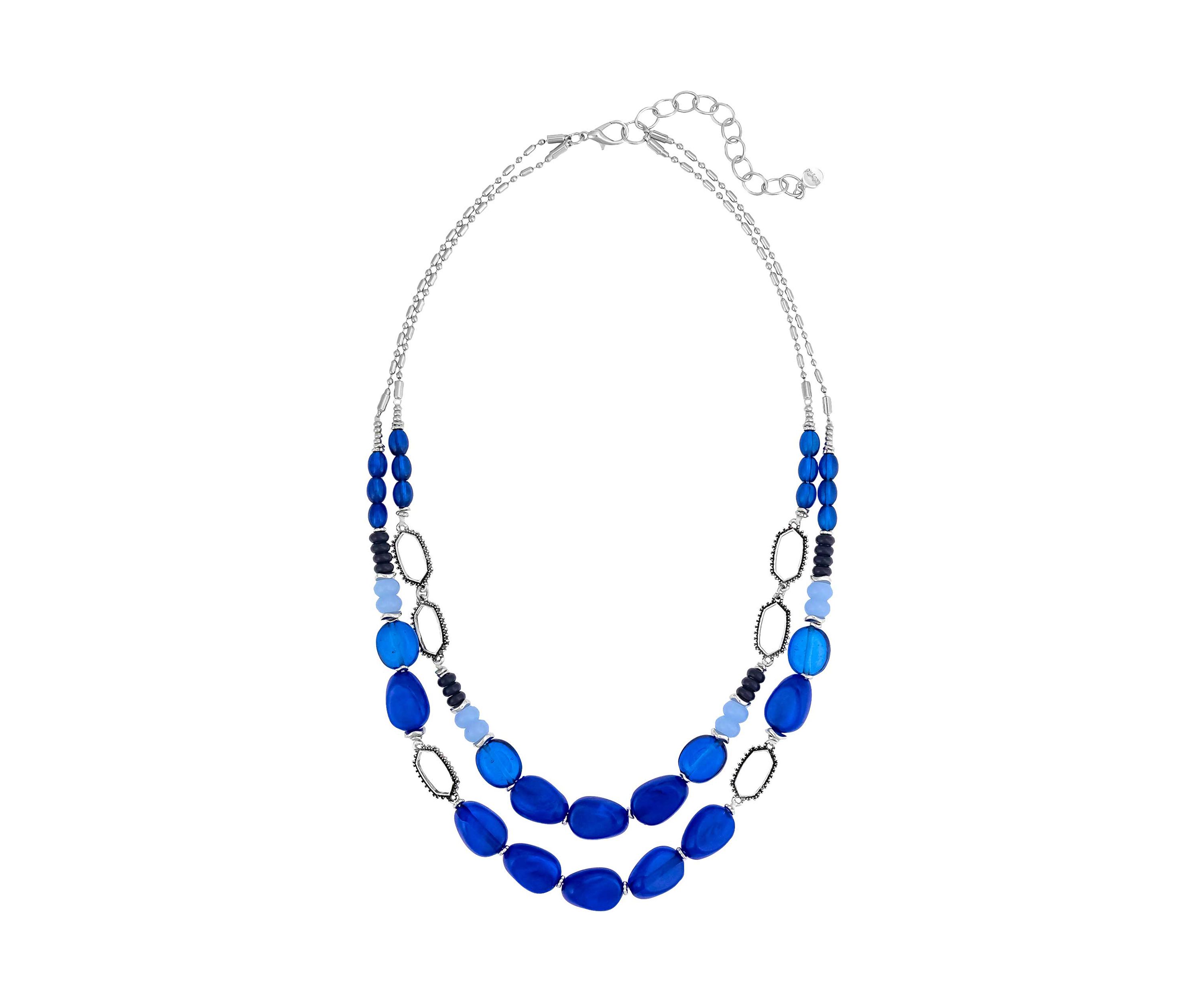 Silver Blue Beaded Two Row Short Necklace