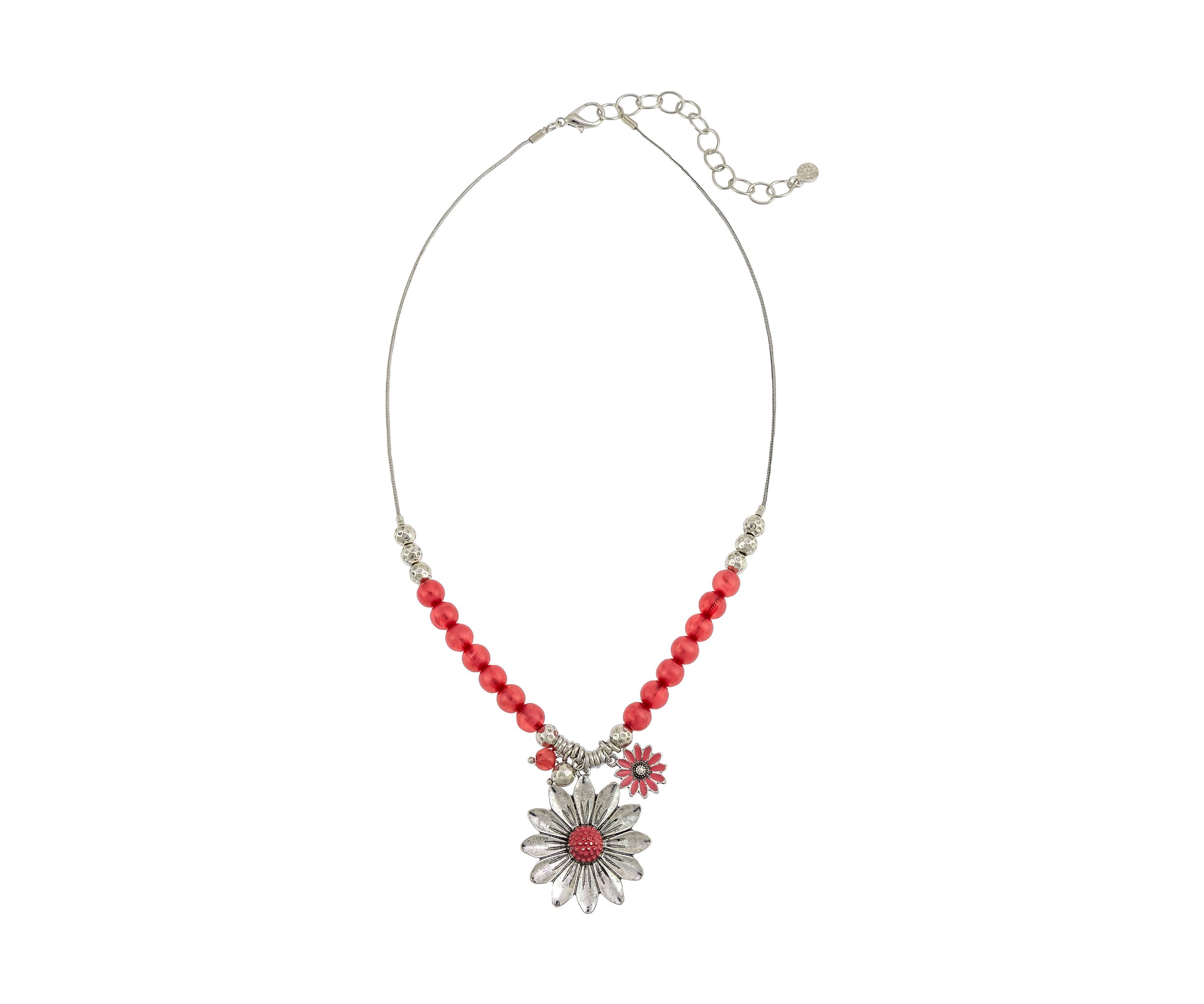 Coral Flower Beaded Pendant Necklace