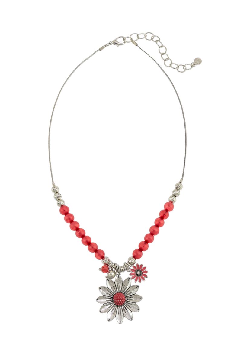 Coral Flower Beaded Pendant Necklace