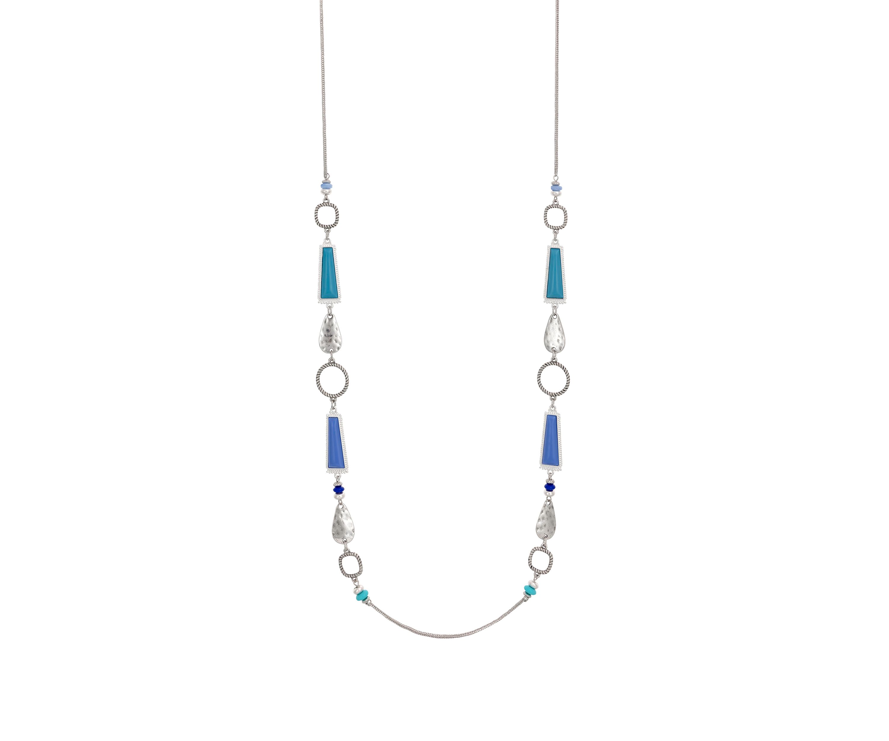 Silver Tone 37.5" + 3" Extender Long Necklace with Blue Multi Rectangular Stations