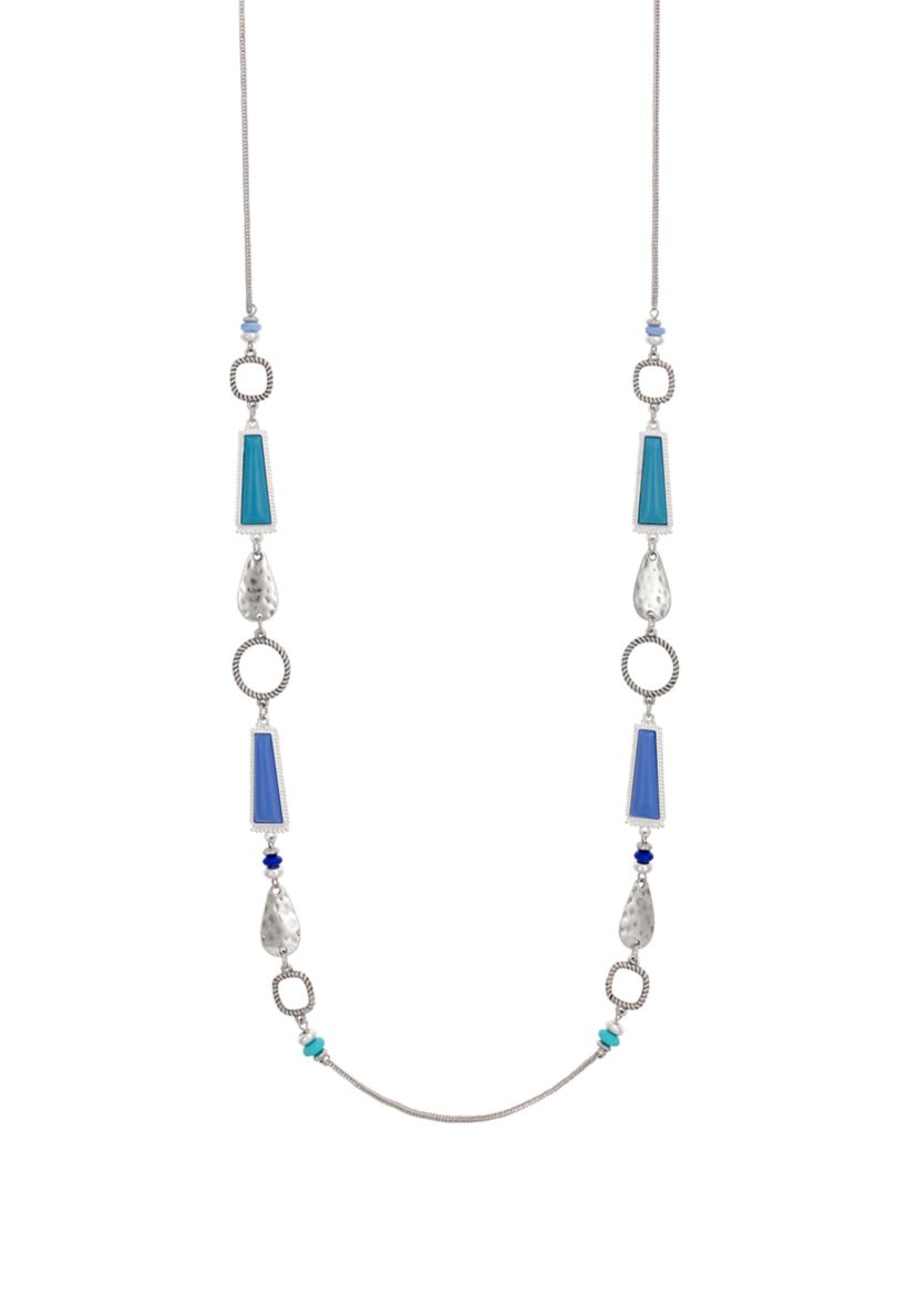 Silver Tone 37.5" + 3" Extender Long Necklace with Blue Multi Rectangular Stations