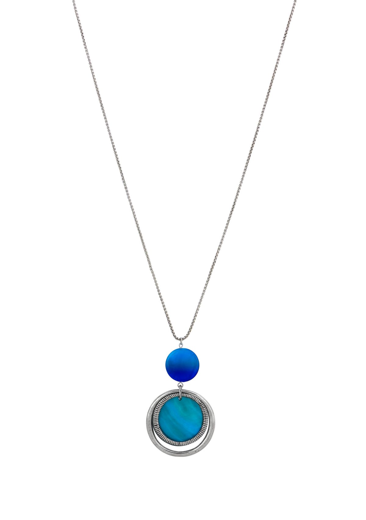 Silver Tone 36 + 3 Extender Blue Multi Double Round Shell Pendant Necklace