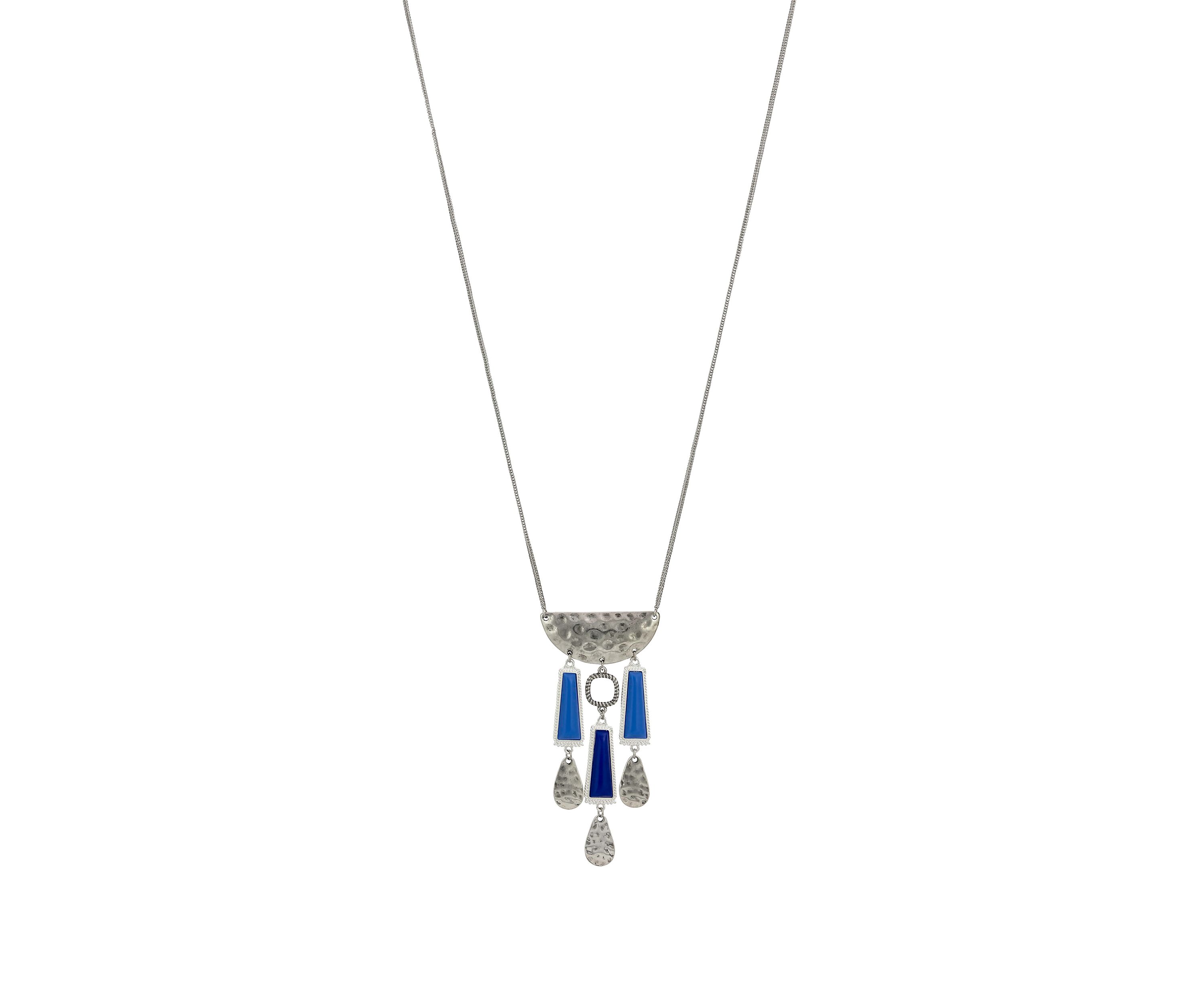 Silver Tone 34 + 3 Extender Long Necklace with Crescent Multi Blue Rectangular Stone Drops
