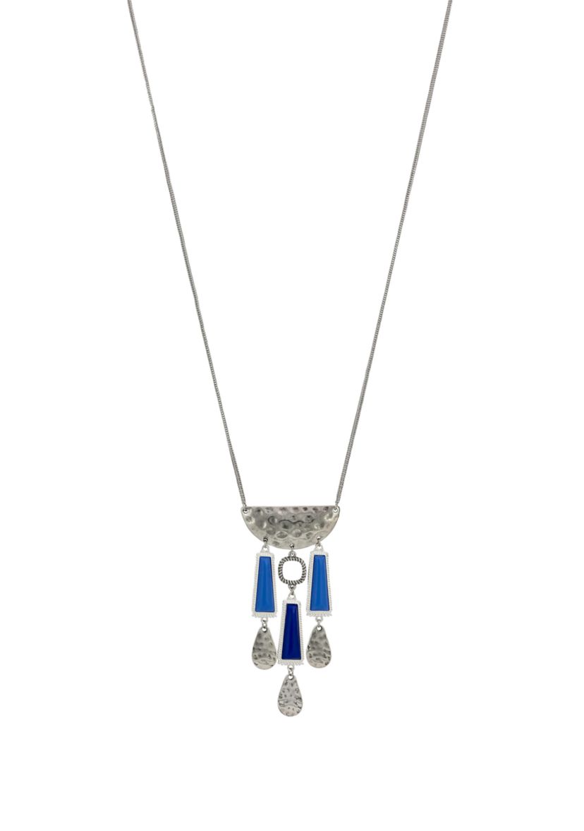 Silver Tone 34 + 3 Extender Long Necklace with Crescent Multi Blue Rectangular Stone Drops