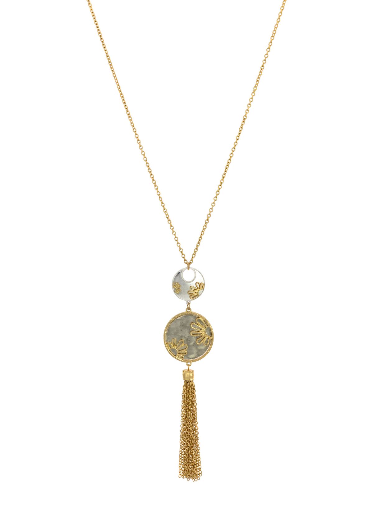 Double Round Disc Pendant Tassel Necklace