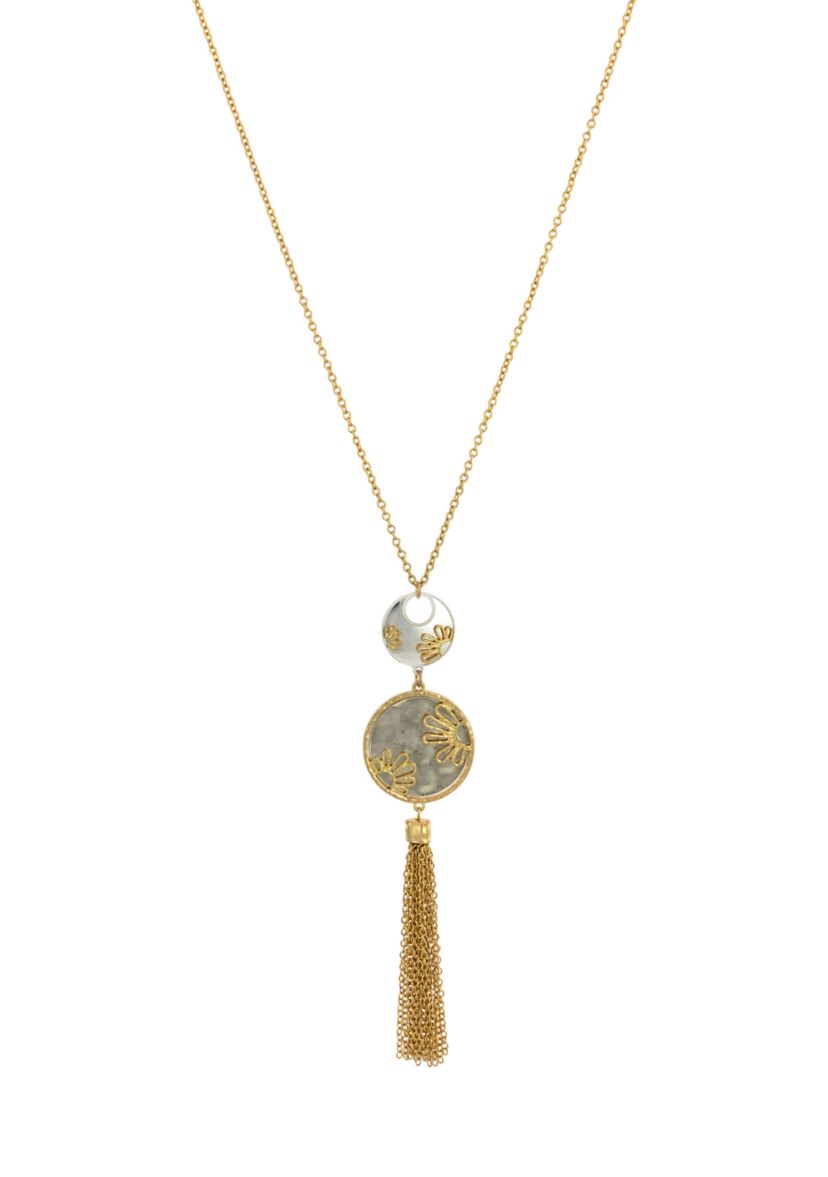 Double Round Disc Pendant Tassel Necklace