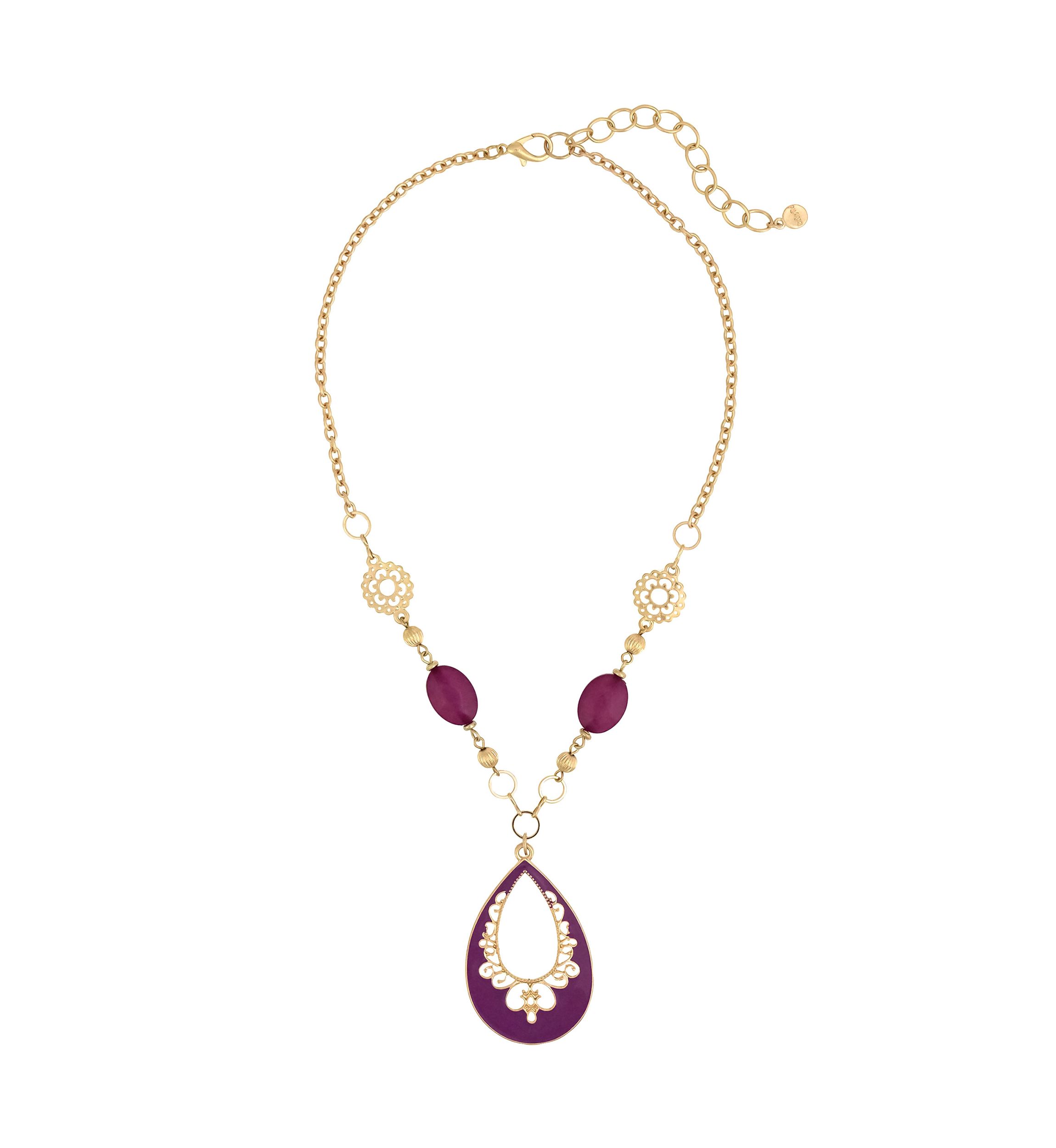 Gold Tone Short Fuchsia Filigree Teardrop Pendant Bead Accent Chain Necklace