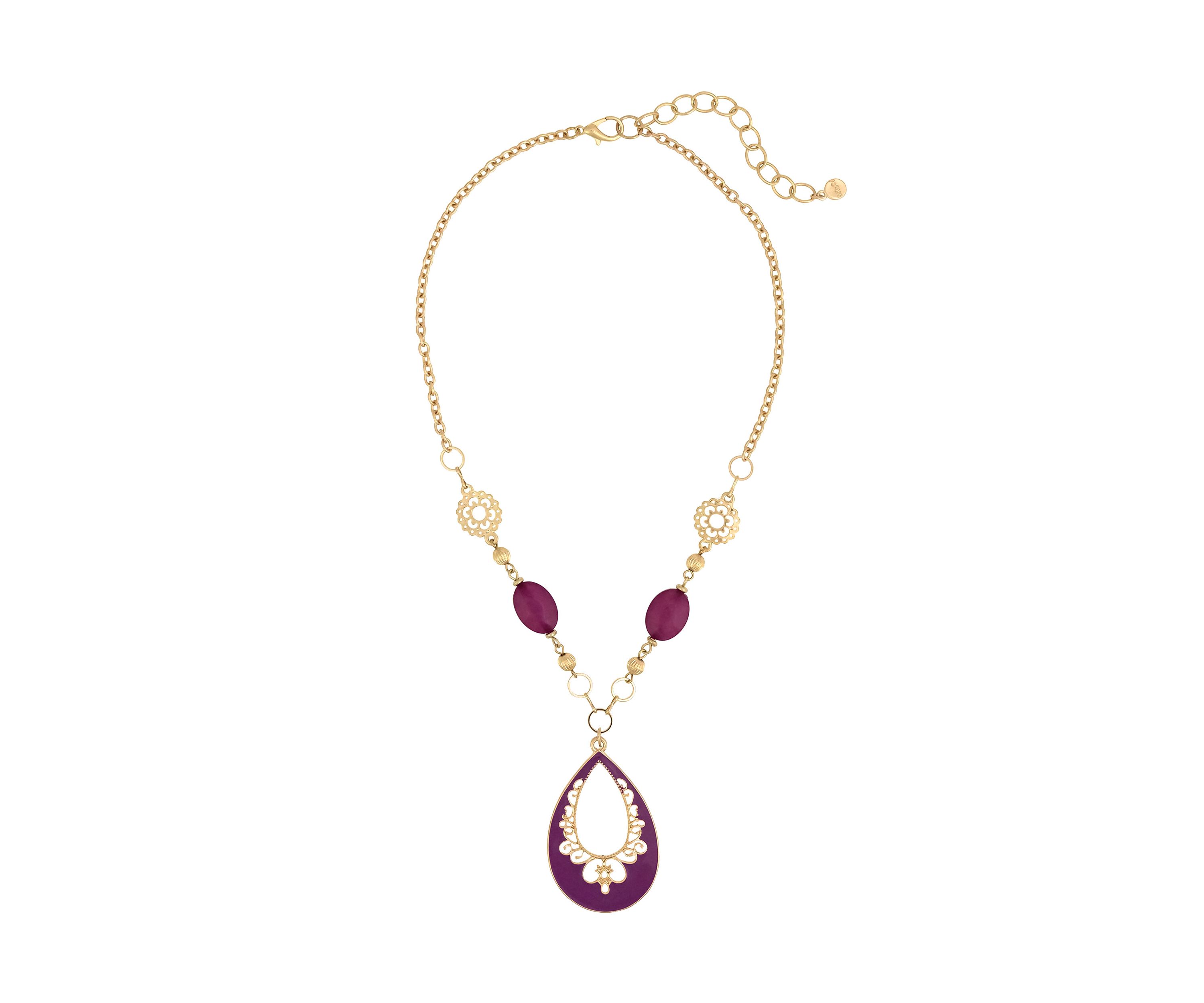 Gold Tone Short Fuchsia Filigree Teardrop Pendant Bead Accent Chain Necklace