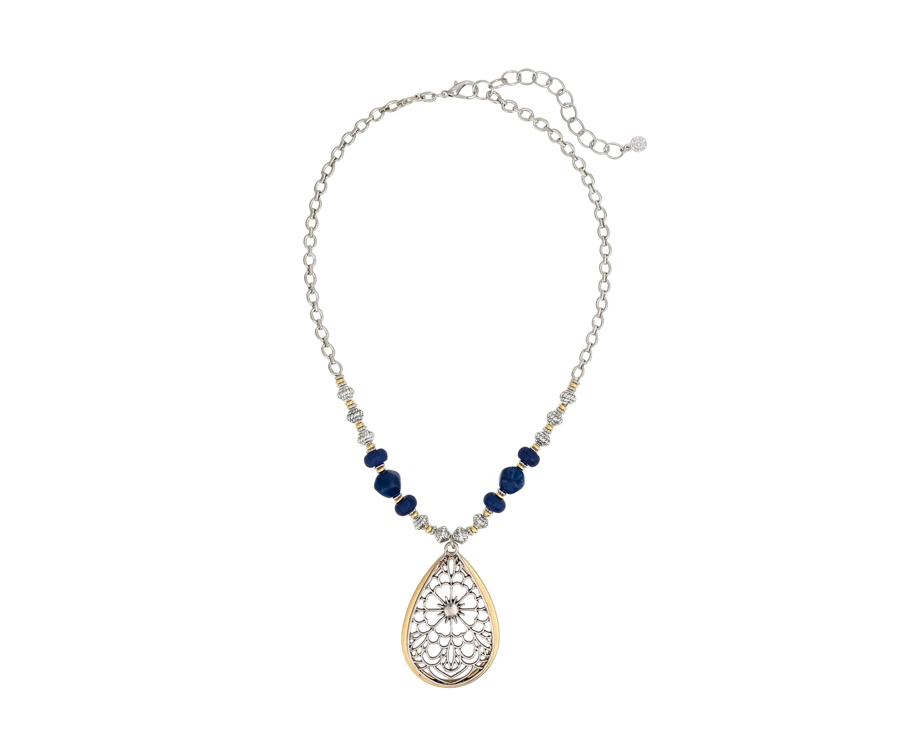 Two-Tone Short Filigree Teardrop Pendant Necklace