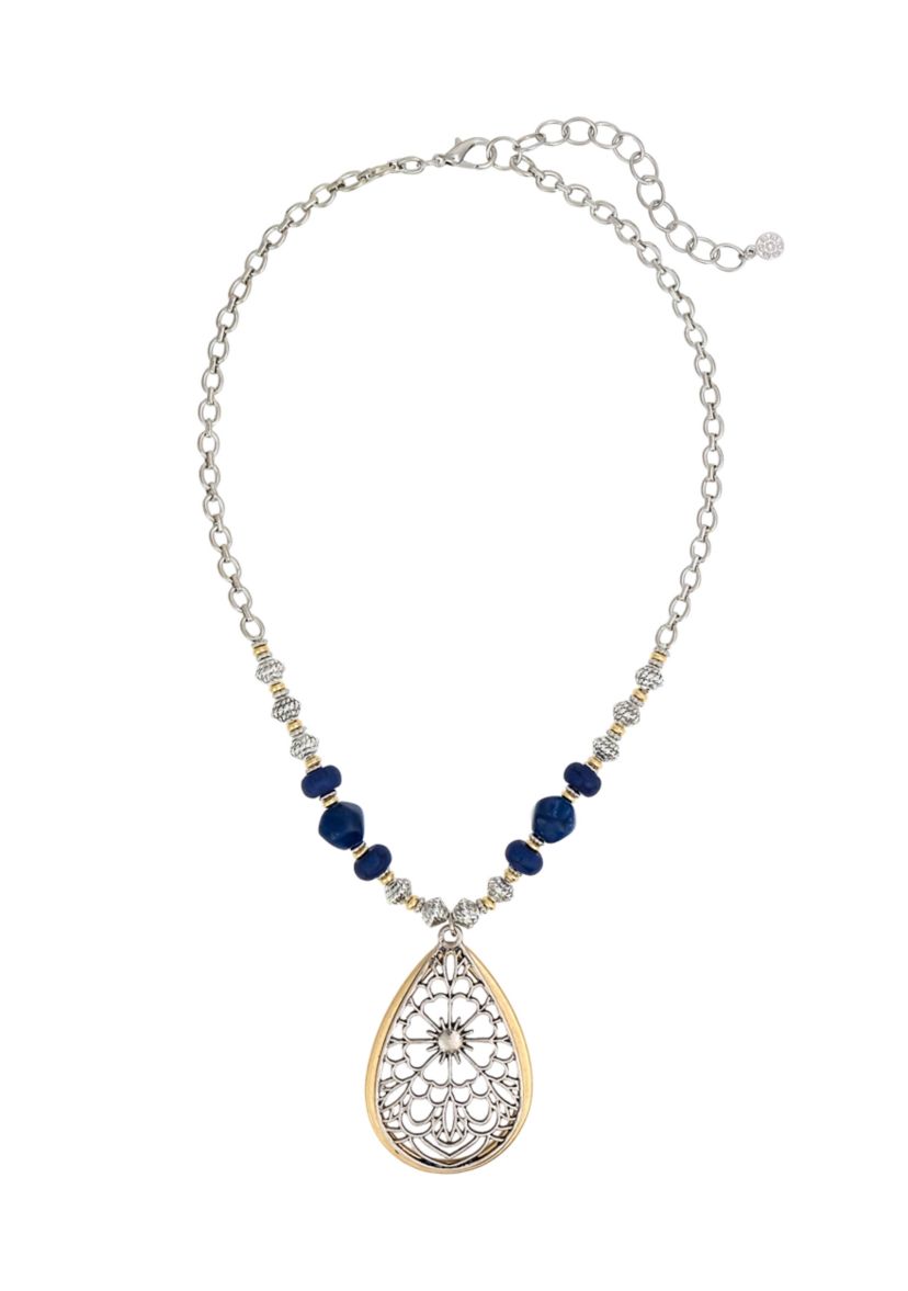 Two-Tone Short Filigree Teardrop Pendant Necklace
