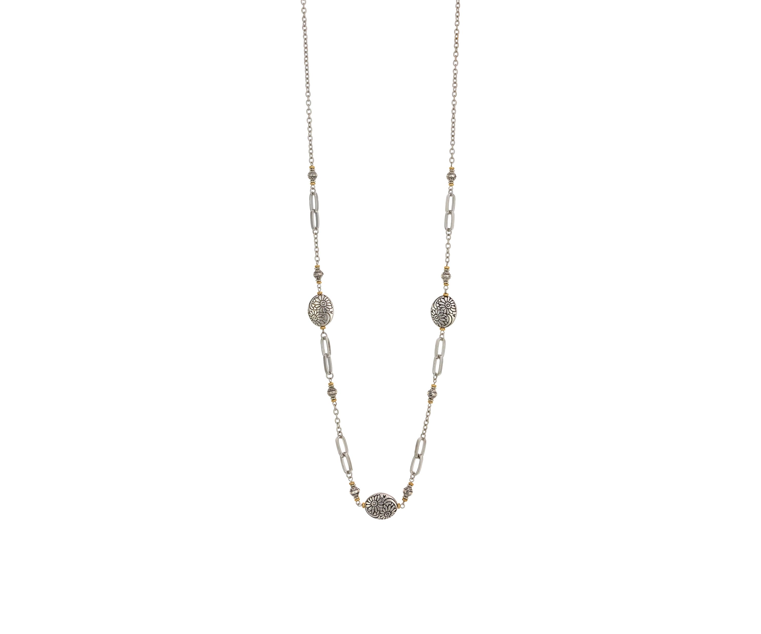 Two-Tone Linked Etched Oval Bead Stations Necklace