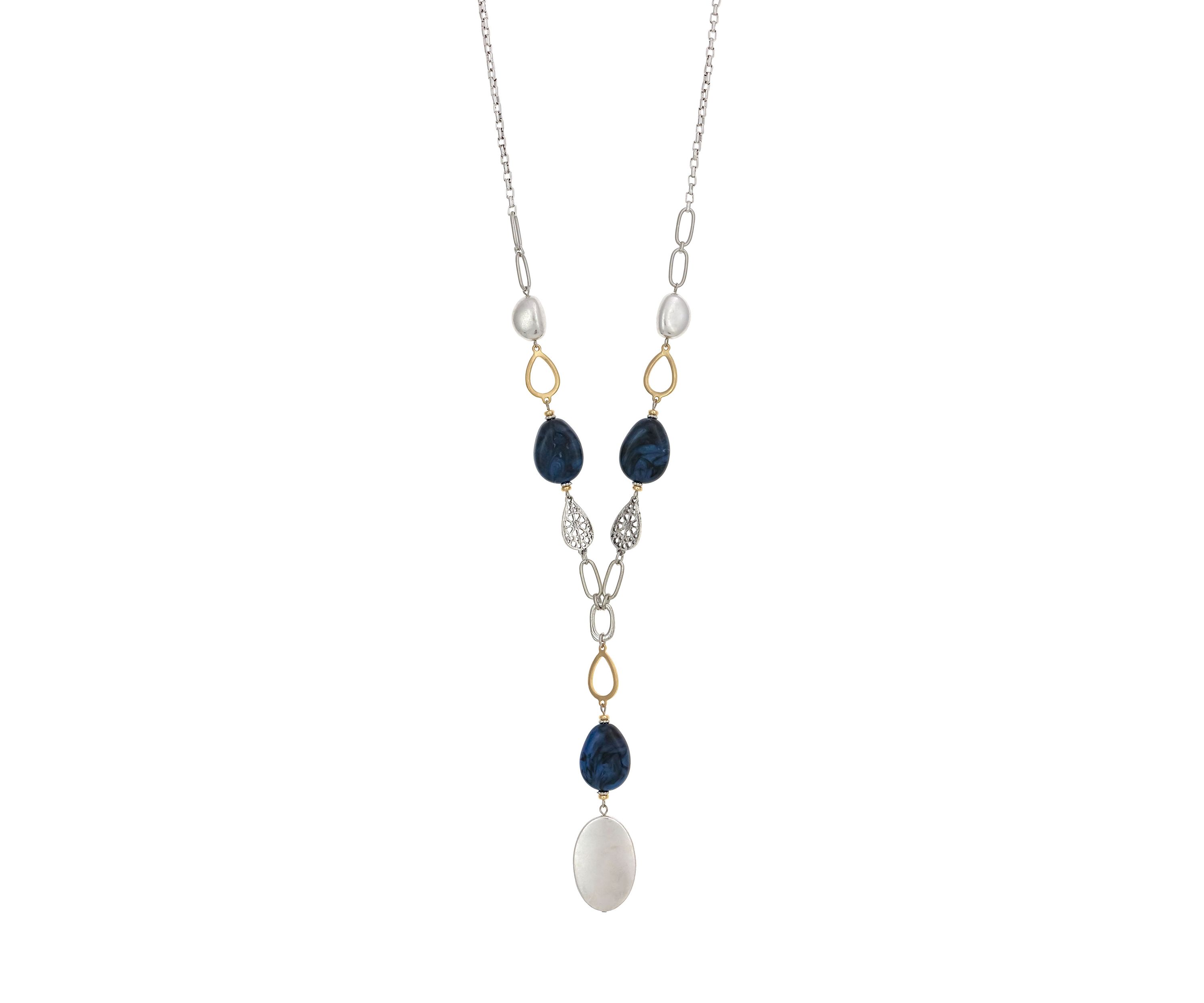 Two-Tone Linked  Blue Bead Y Necklace