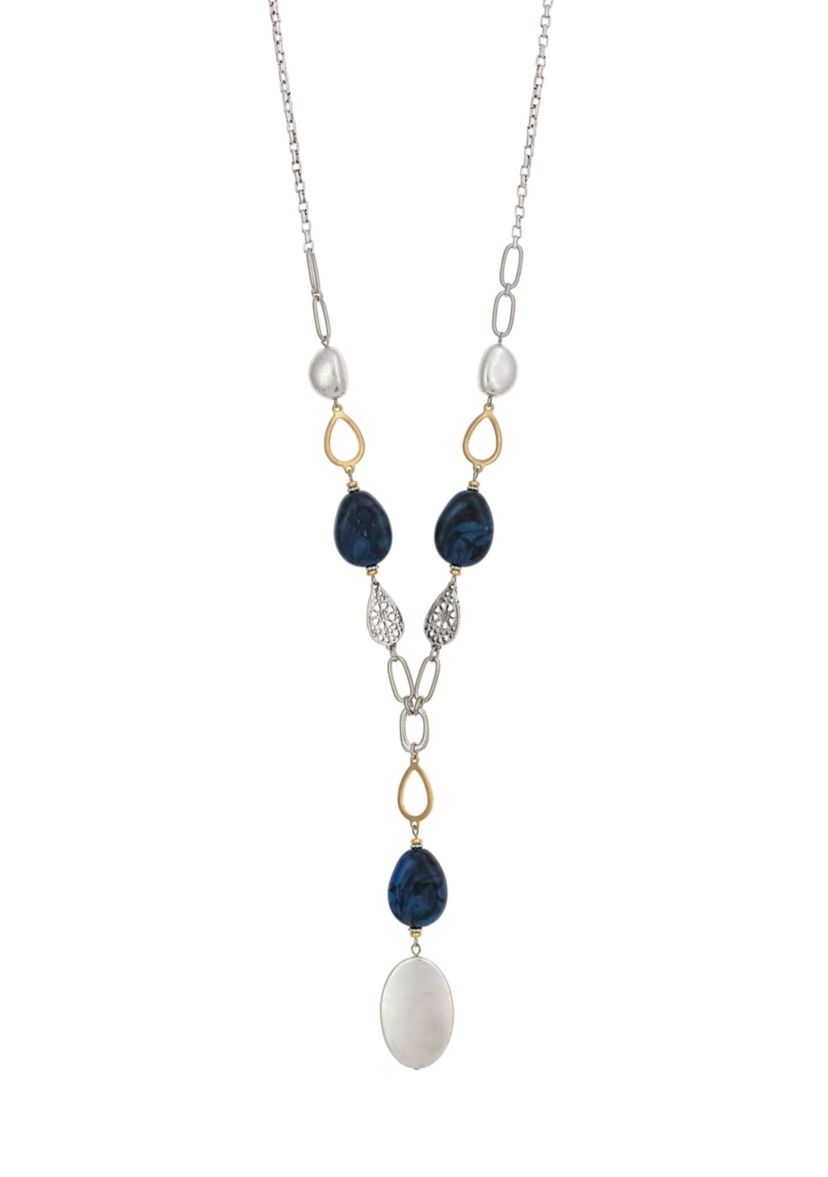 Two-Tone Linked  Blue Bead Y Necklace