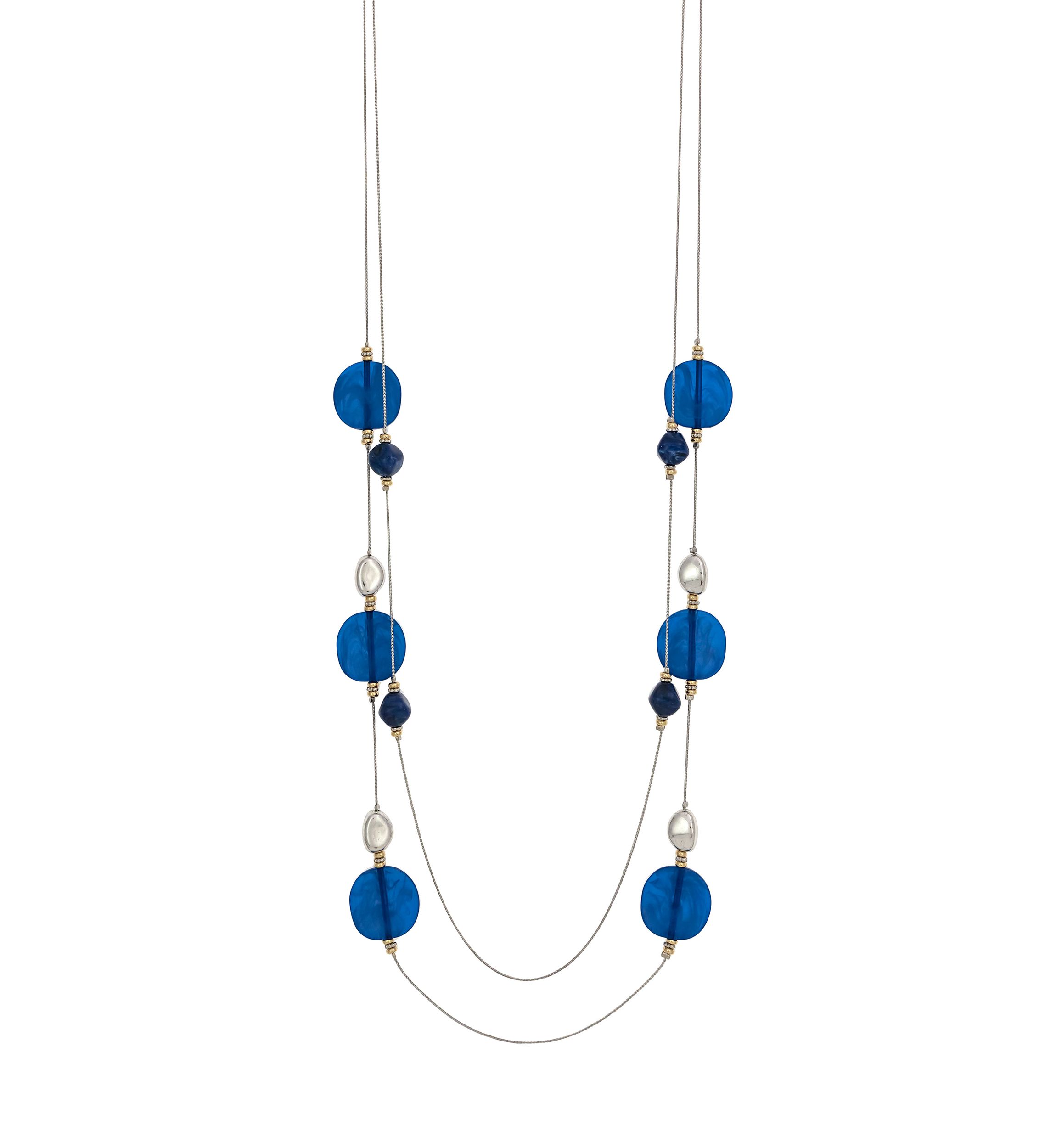 Two Tone One Row Long Chunky Blue Bead Station Necklace