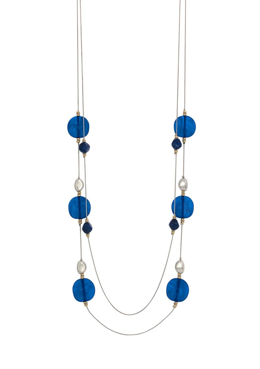 Two Tone One Row Long Chunky Blue Bead Station Necklace
