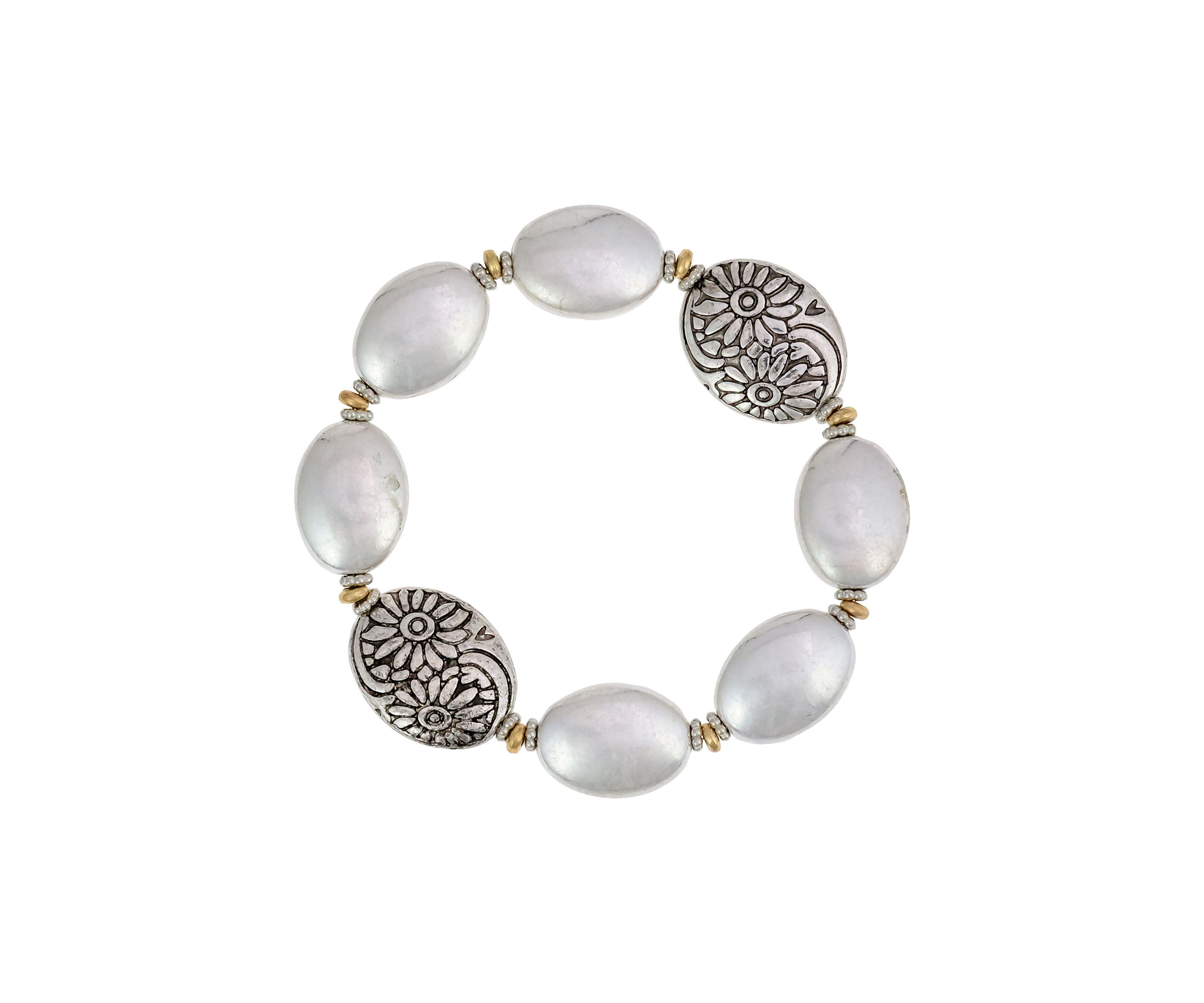 Two-Tone Oval Bead Stretch with Etched Bead Accent Bracelet