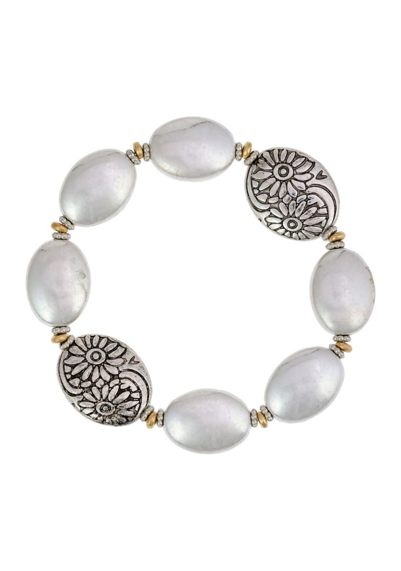 Two-Tone Oval Bead Stretch with Etched Bead Accent Bracelet