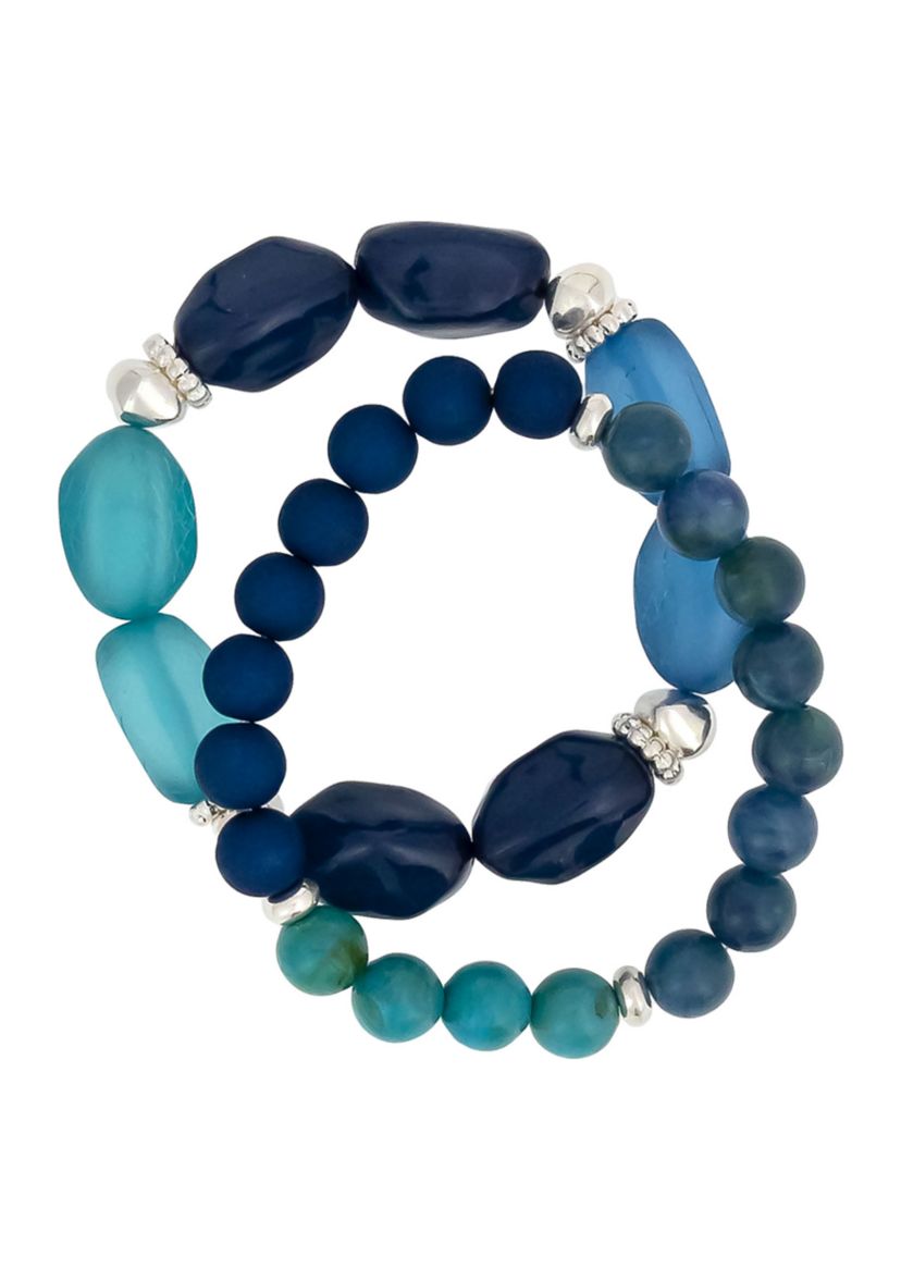 Two Tone 2 Row Multi Blue Beaded Stretch Bracelet Set