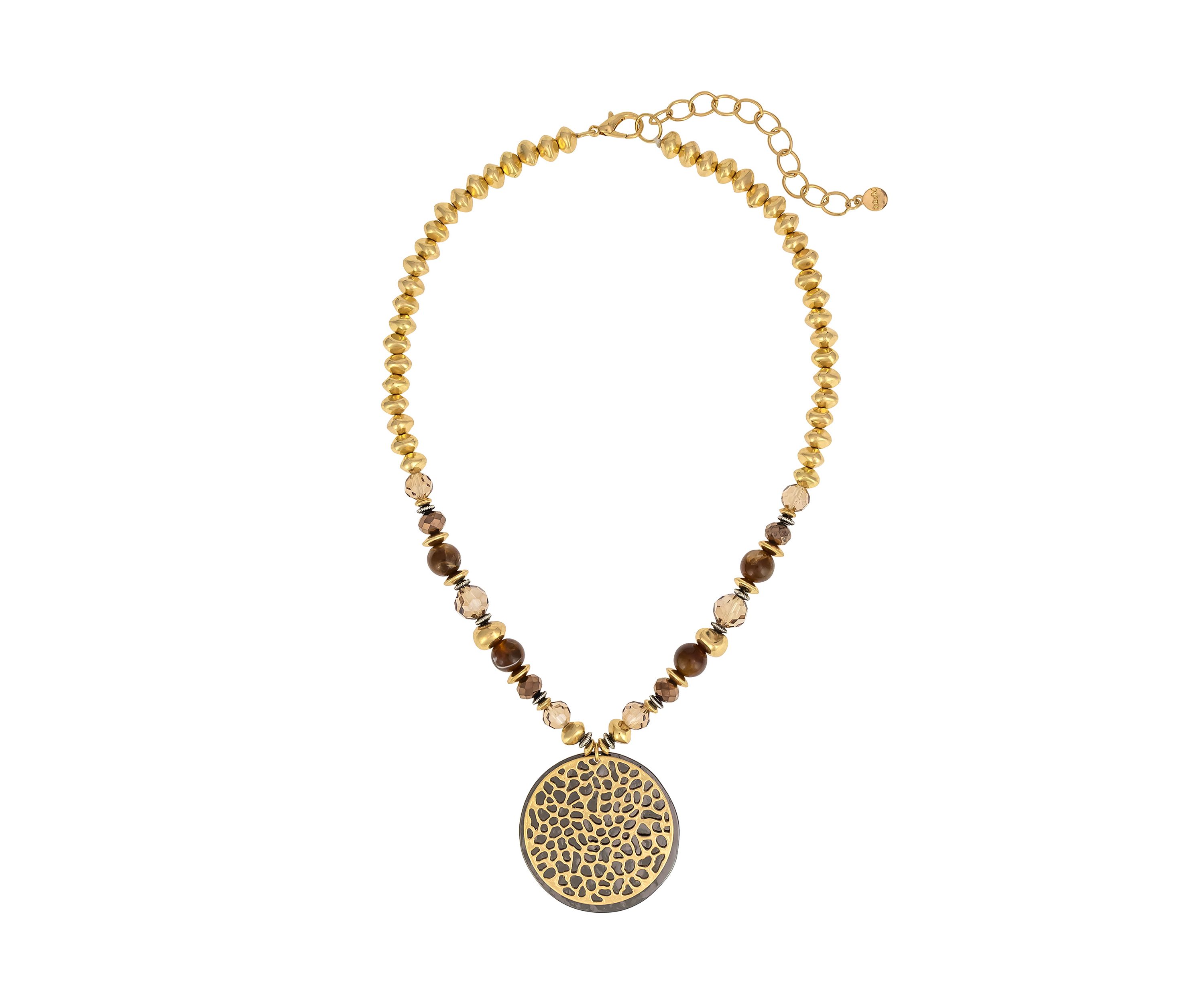  Two Tone Short Layered Double Disc Pendant with Neutral Bead Accents Necklace