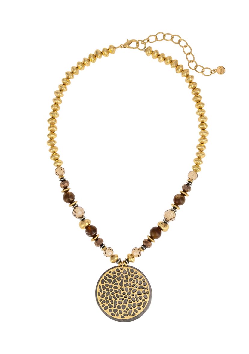  Two Tone Short Layered Double Disc Pendant with Neutral Bead Accents Necklace
