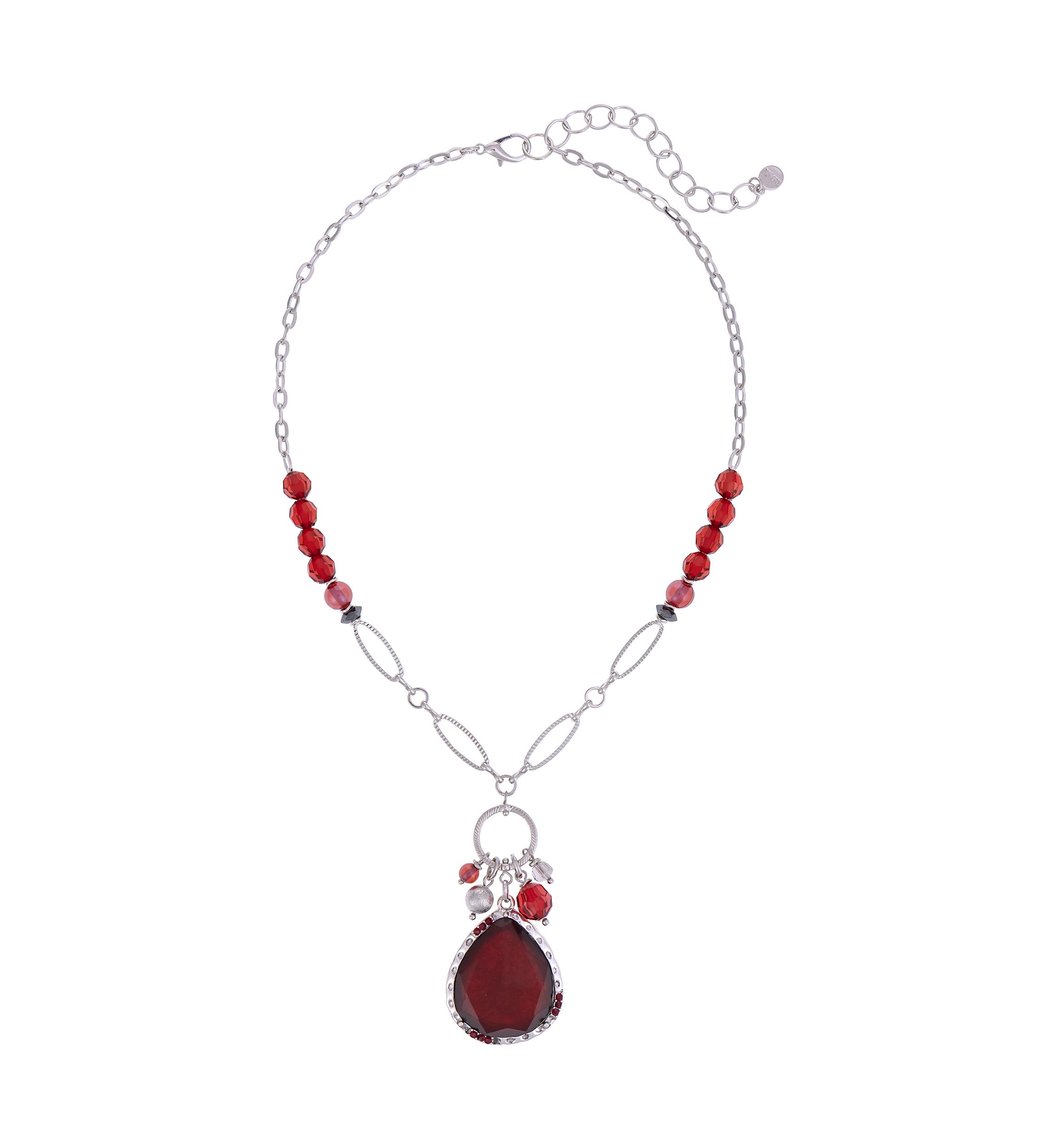 Silver Tone Short Framed Red Teardrop Pendant with Cluster Bead drops on Chain with Red Accent Beads Necklace