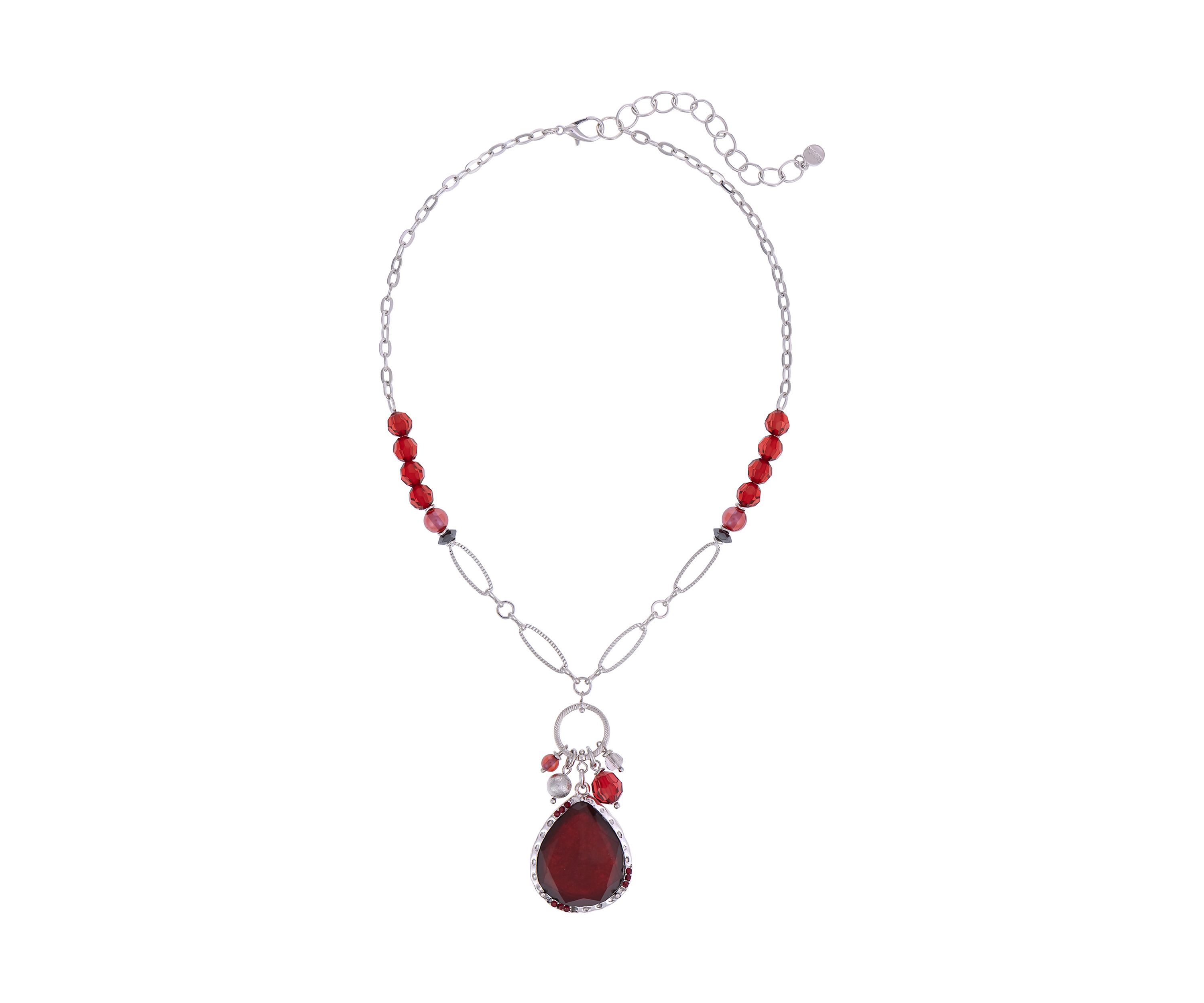 Silver Tone Short Framed Red Teardrop Pendant with Cluster Bead drops on Chain with Red Accent Beads Necklace
