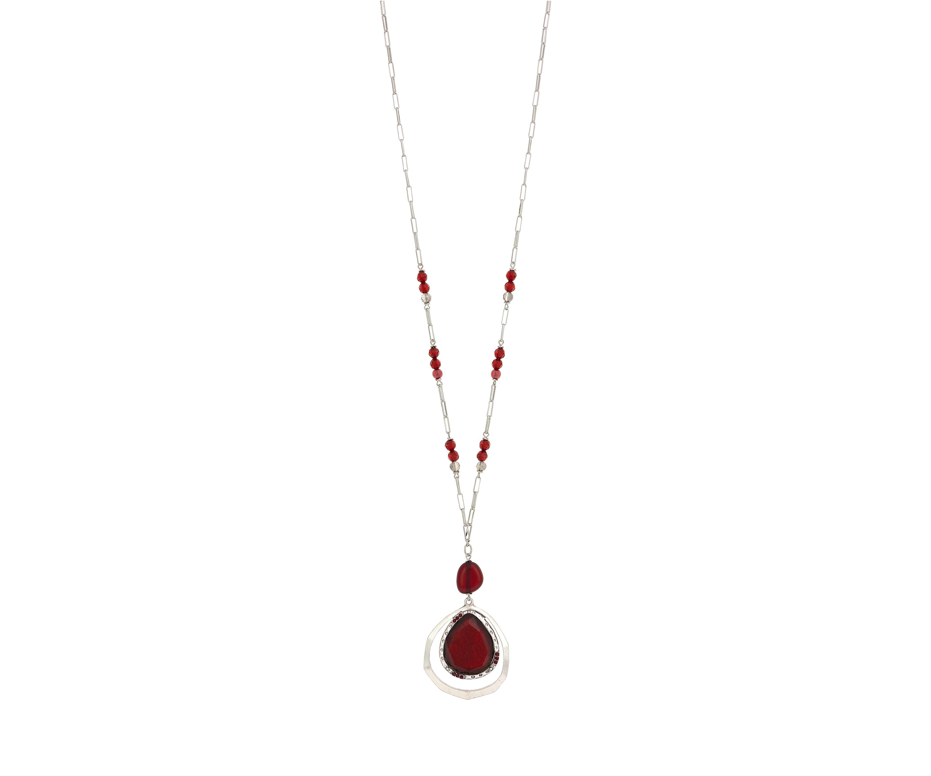 Silver Tone Long Red Bead Station Pendant Necklace