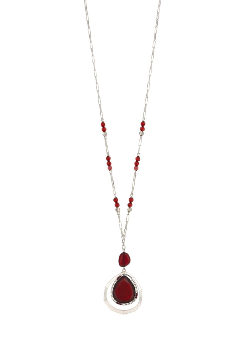 Silver Tone Long Red Bead Station Pendant Necklace