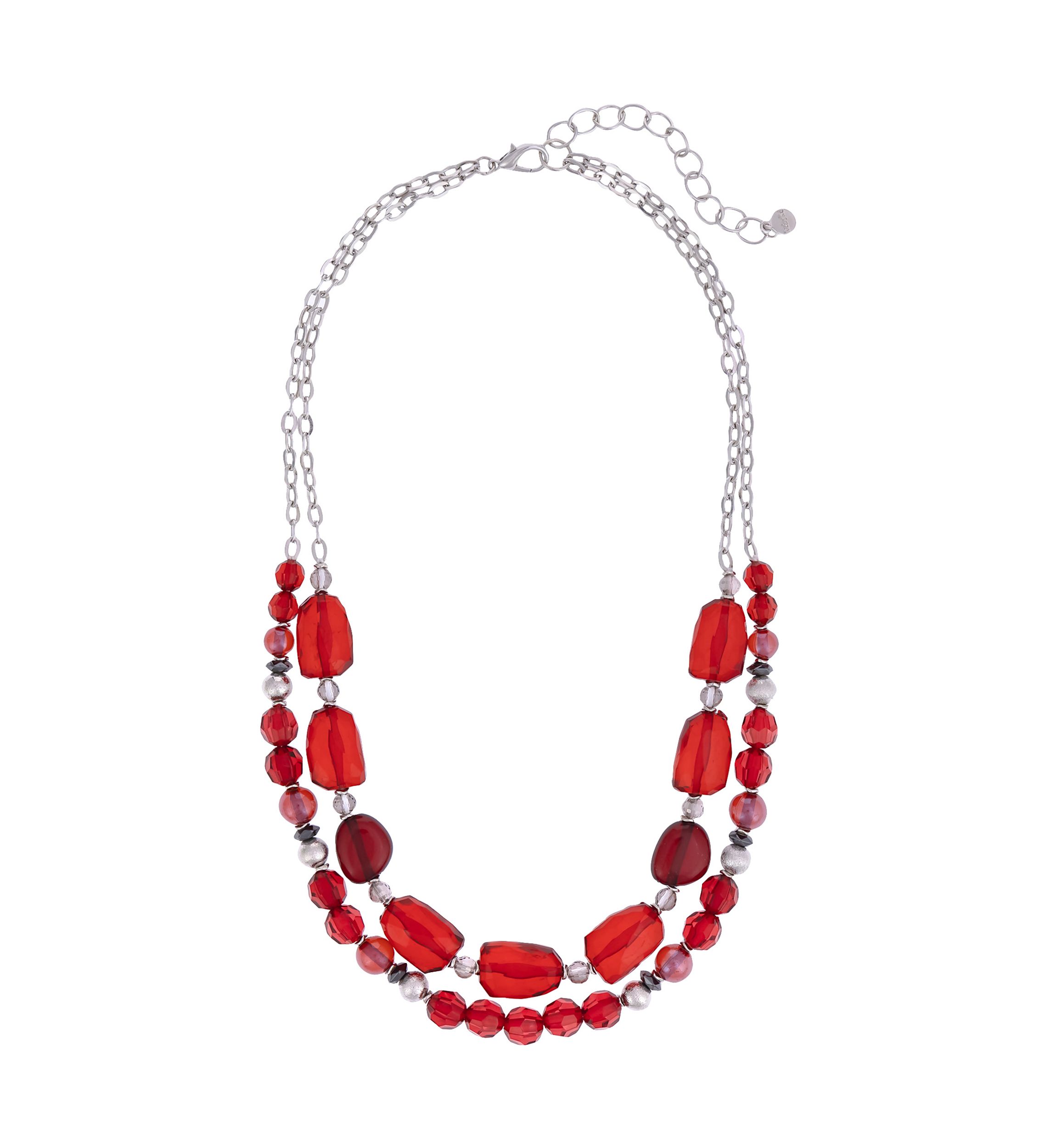 Silver Tone Short 2 Row Red Chunky Bead Necklace
