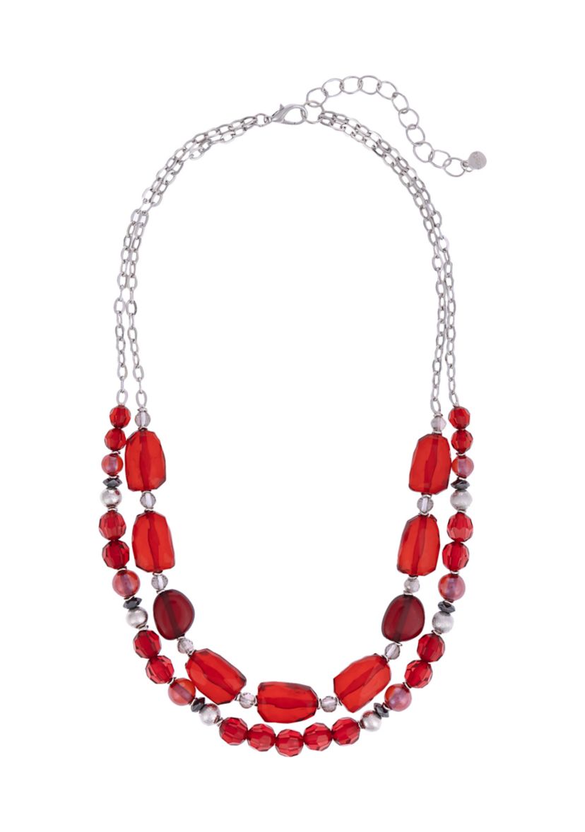 Silver Tone Short 2 Row Red Chunky Bead Necklace
