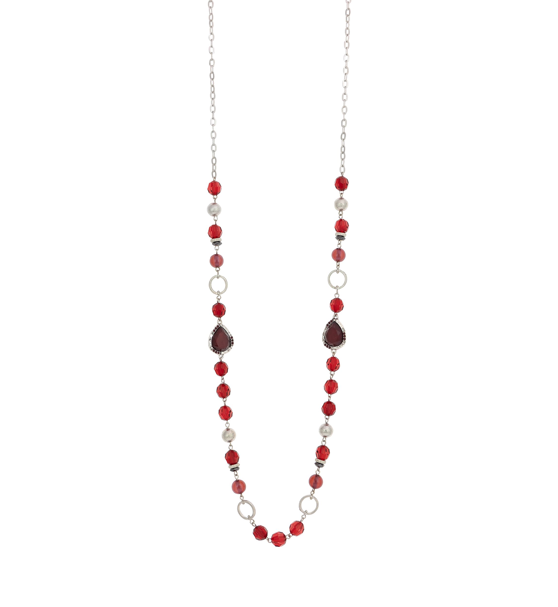 Silver Tone Long Linked Red Bead Necklace