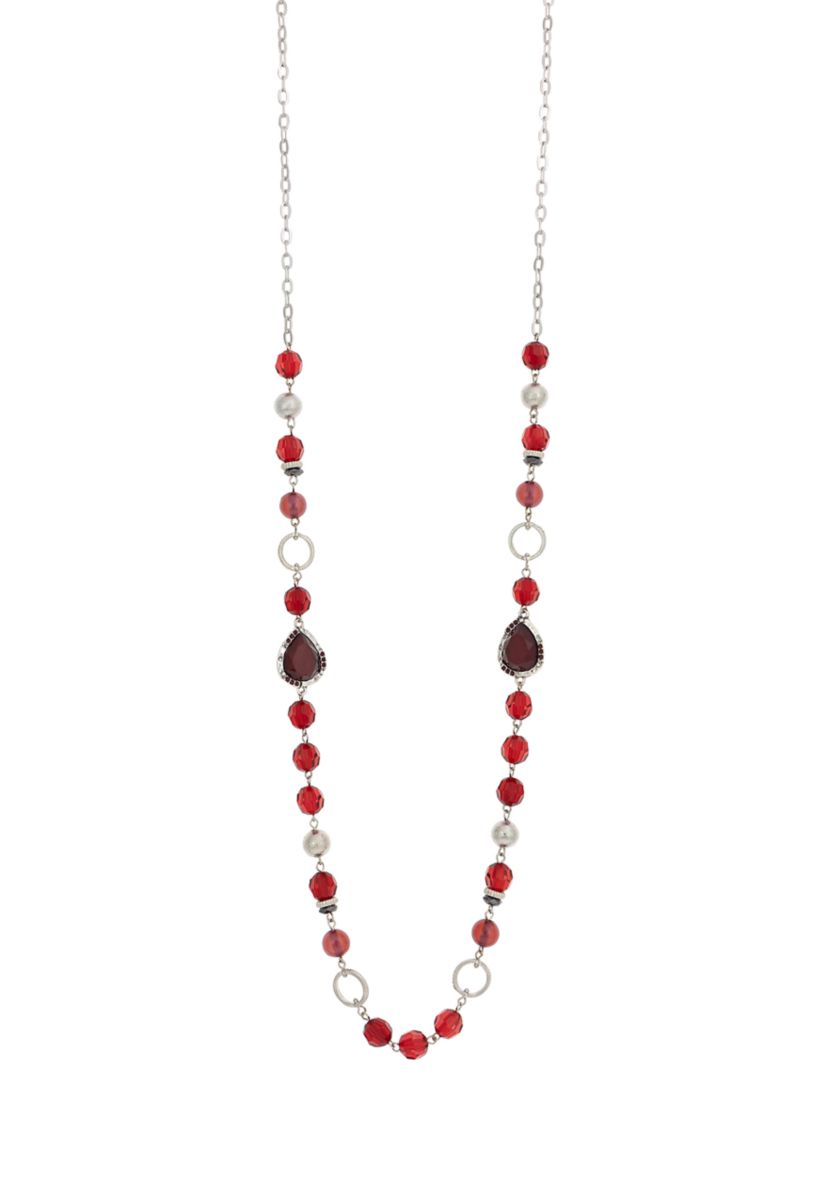 Silver Tone Long Linked Red Bead Necklace