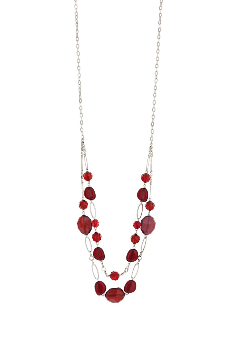Silver Tone 2 Row Long Chunky Red Bead Swag Necklace