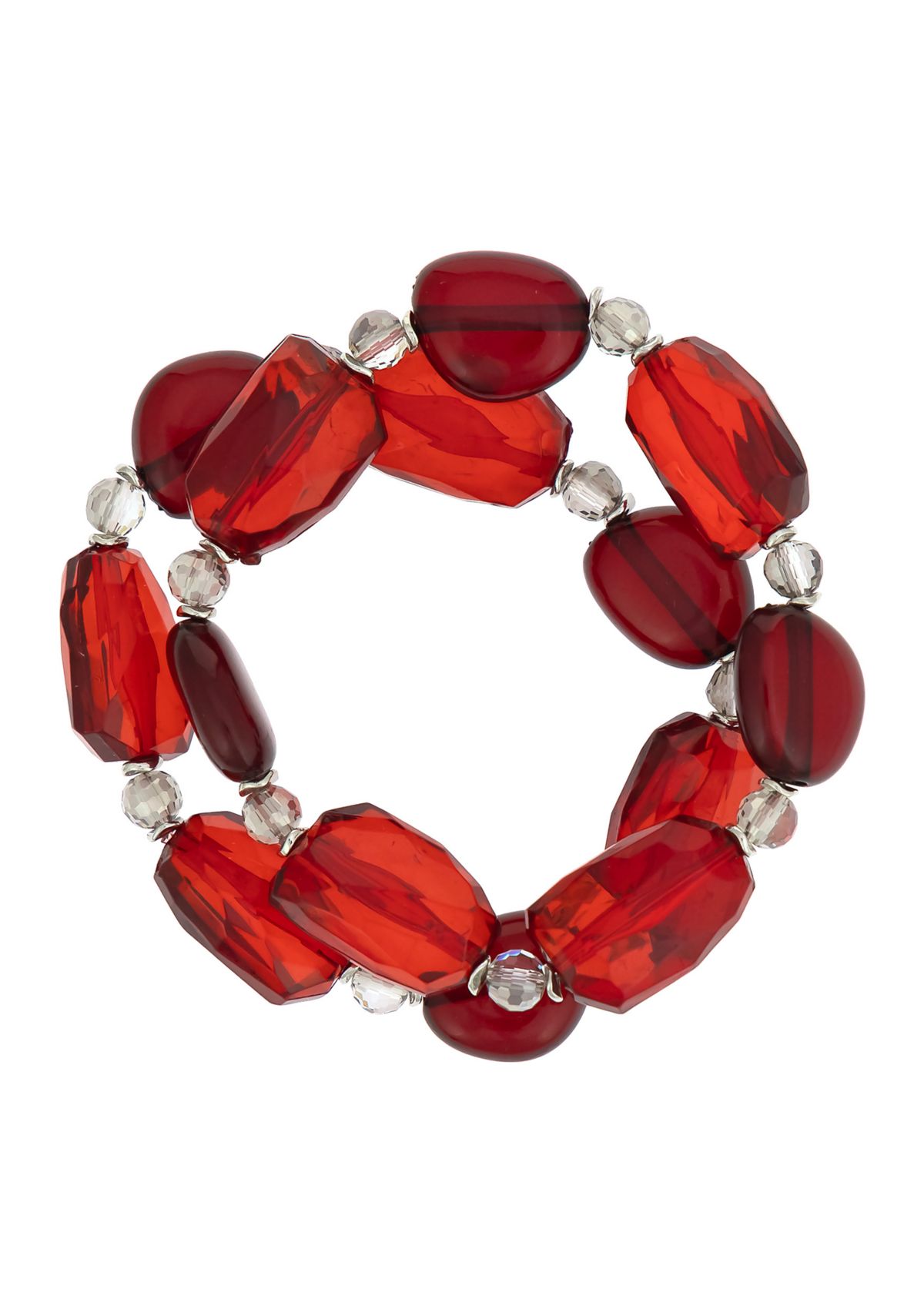 Silver Tone 2 Row Red Chunky Beaded Stretch Bracelet Set