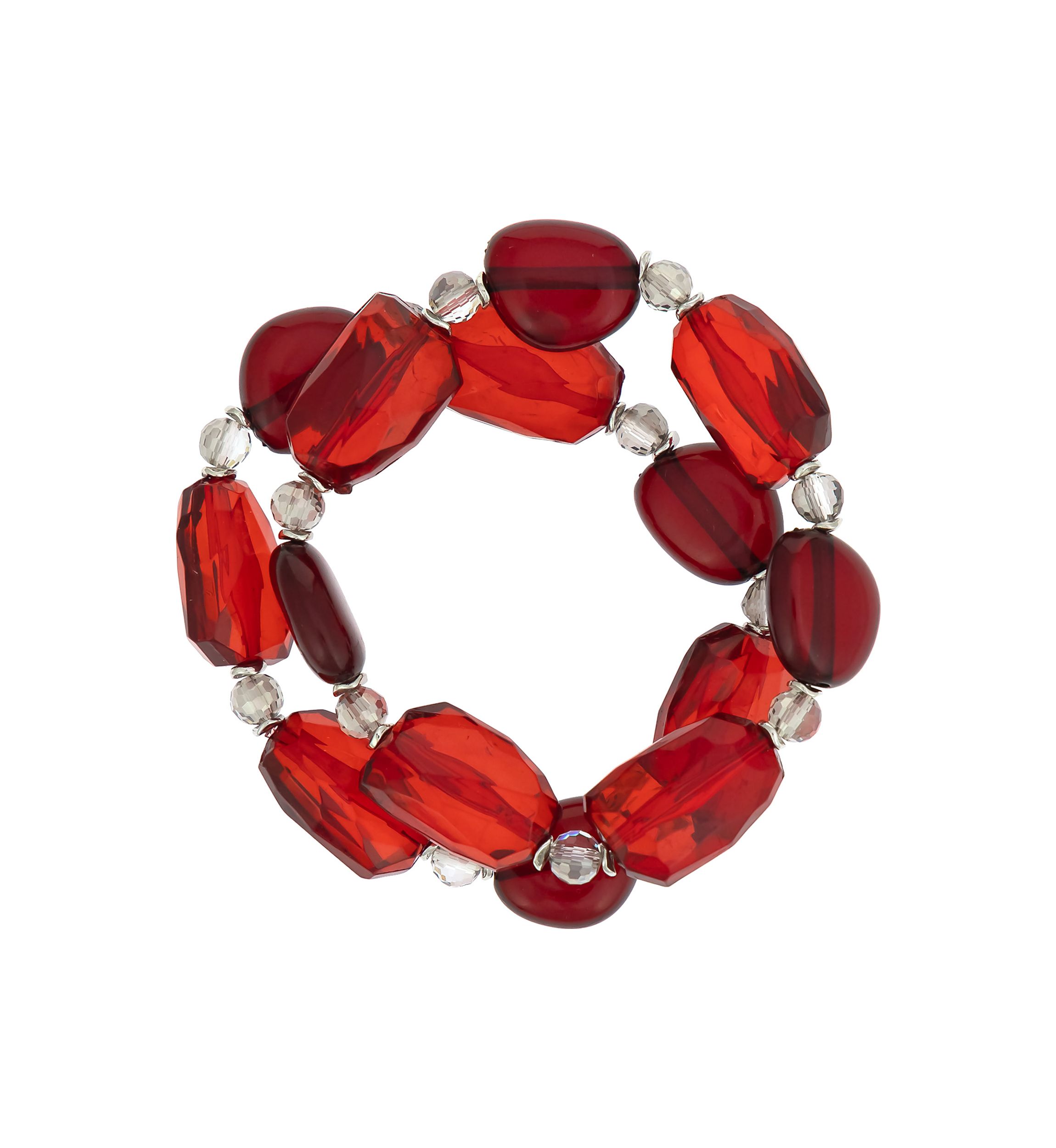 Silver Tone 2 Row Red Chunky Beaded Stretch Bracelet Set