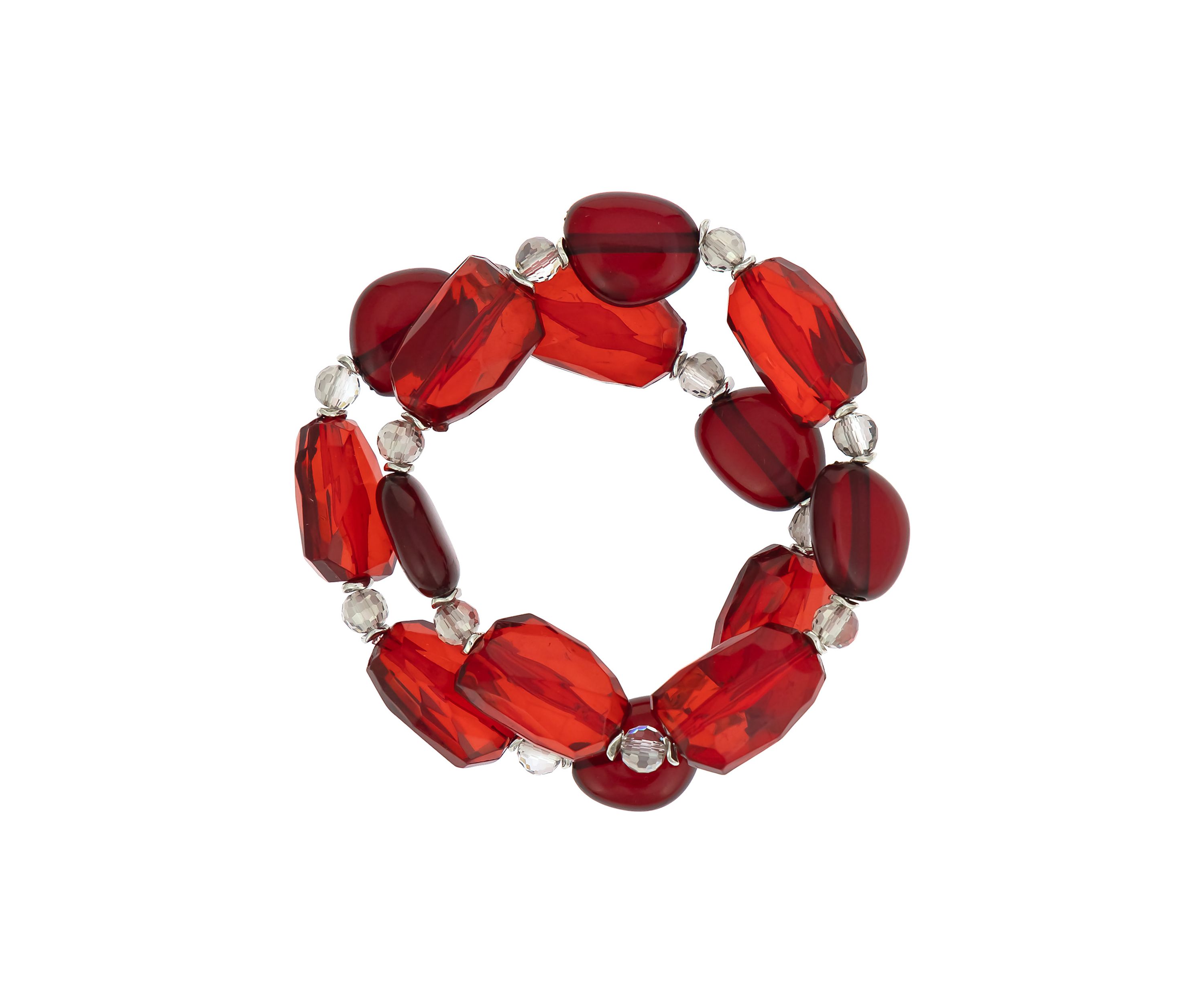 Silver Tone 2 Row Red Chunky Beaded Stretch Bracelet Set