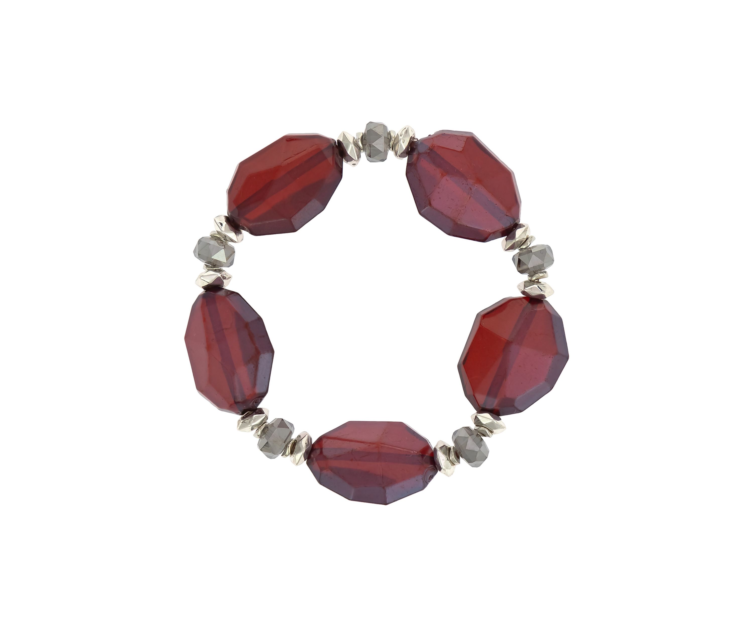 Silver-Tone Single Row Red Chunky Bead Stretch Bracelet