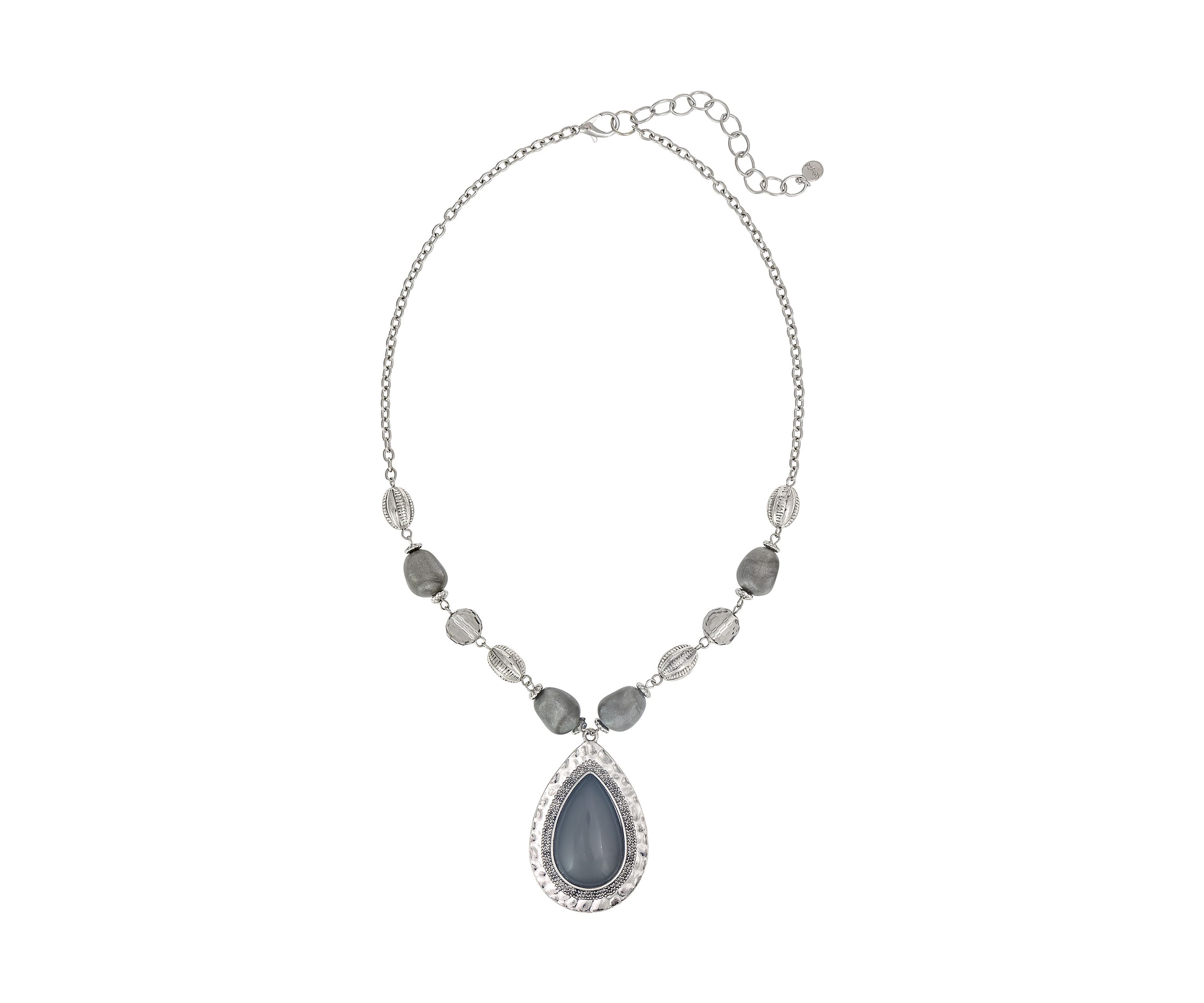 Silver Tone Short Framed Grey Teardrop Pendant with Linked Bead Frontal Necklace