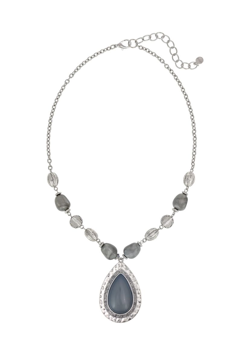 Silver Tone Short Framed Grey Teardrop Pendant with Linked Bead Frontal Necklace