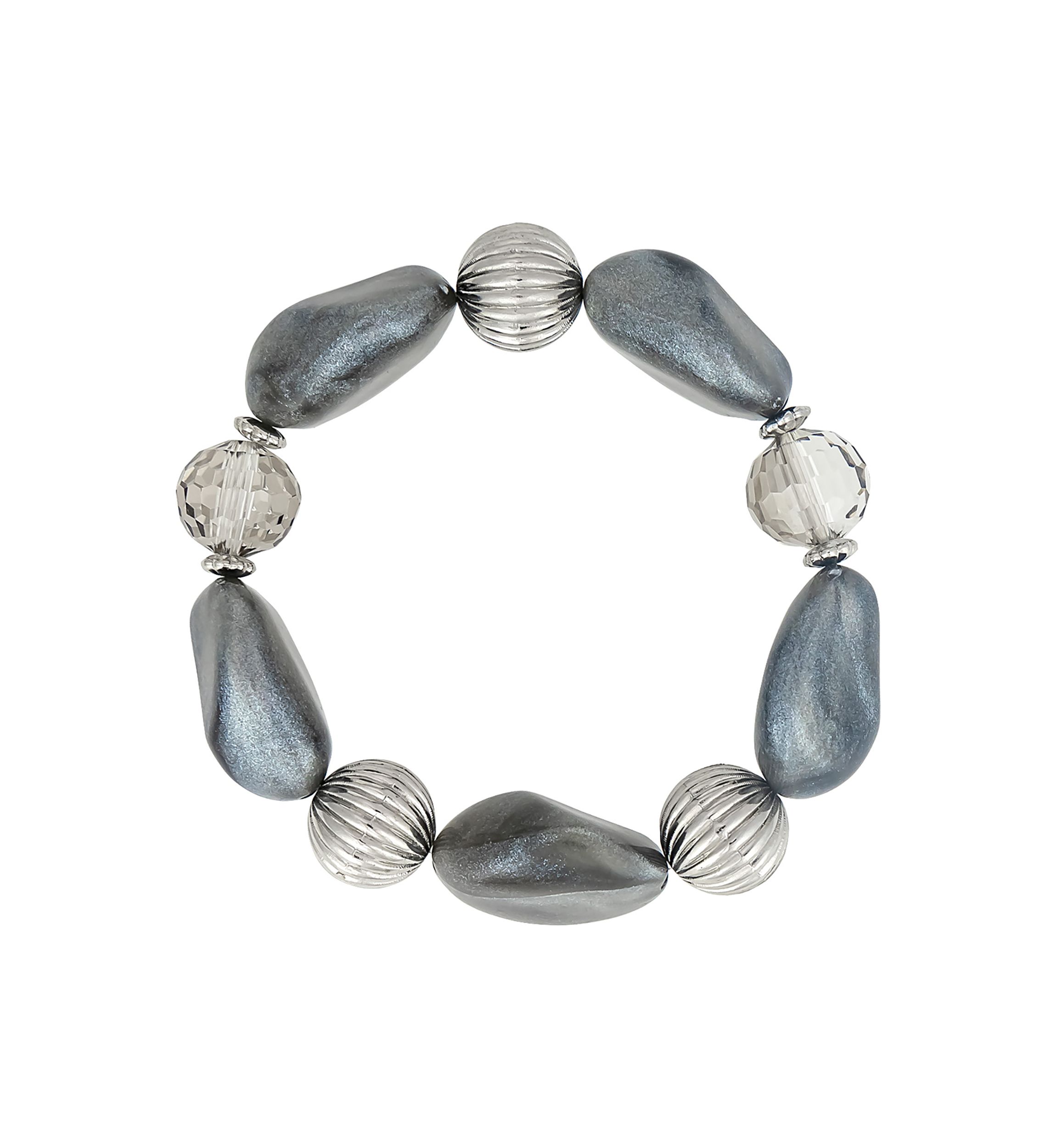 Silver Tone One Row Chunky Grey Beaded Stretch Bracelet