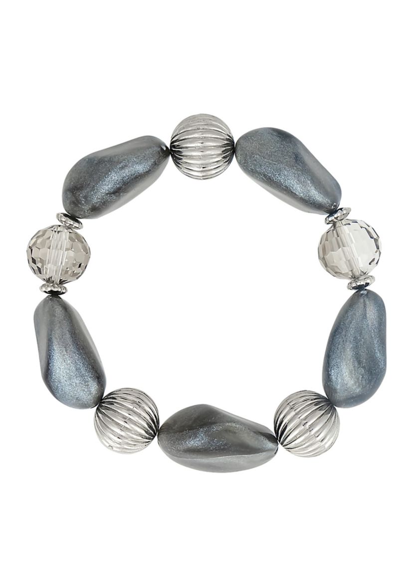 Silver Tone One Row Chunky Grey Beaded Stretch Bracelet