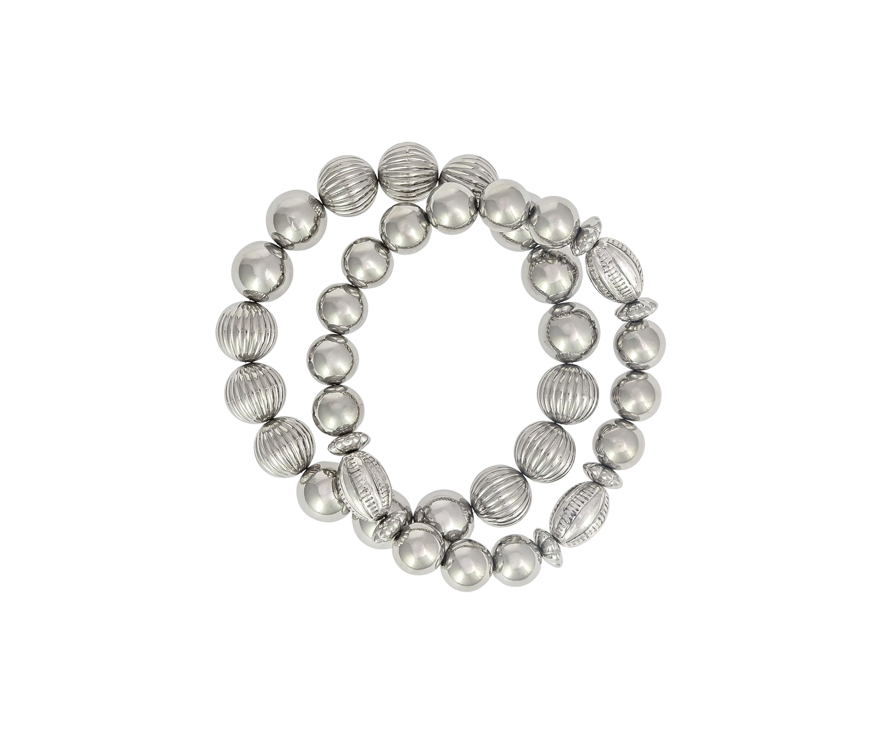 Silver Tone Two Row Textured  Bead Stretch Bracelet Set