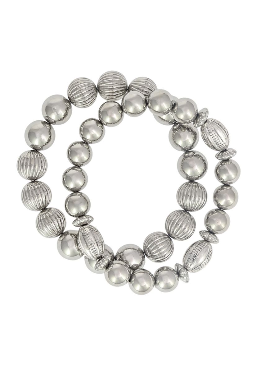 Silver Tone Two Row Textured  Bead Stretch Bracelet Set