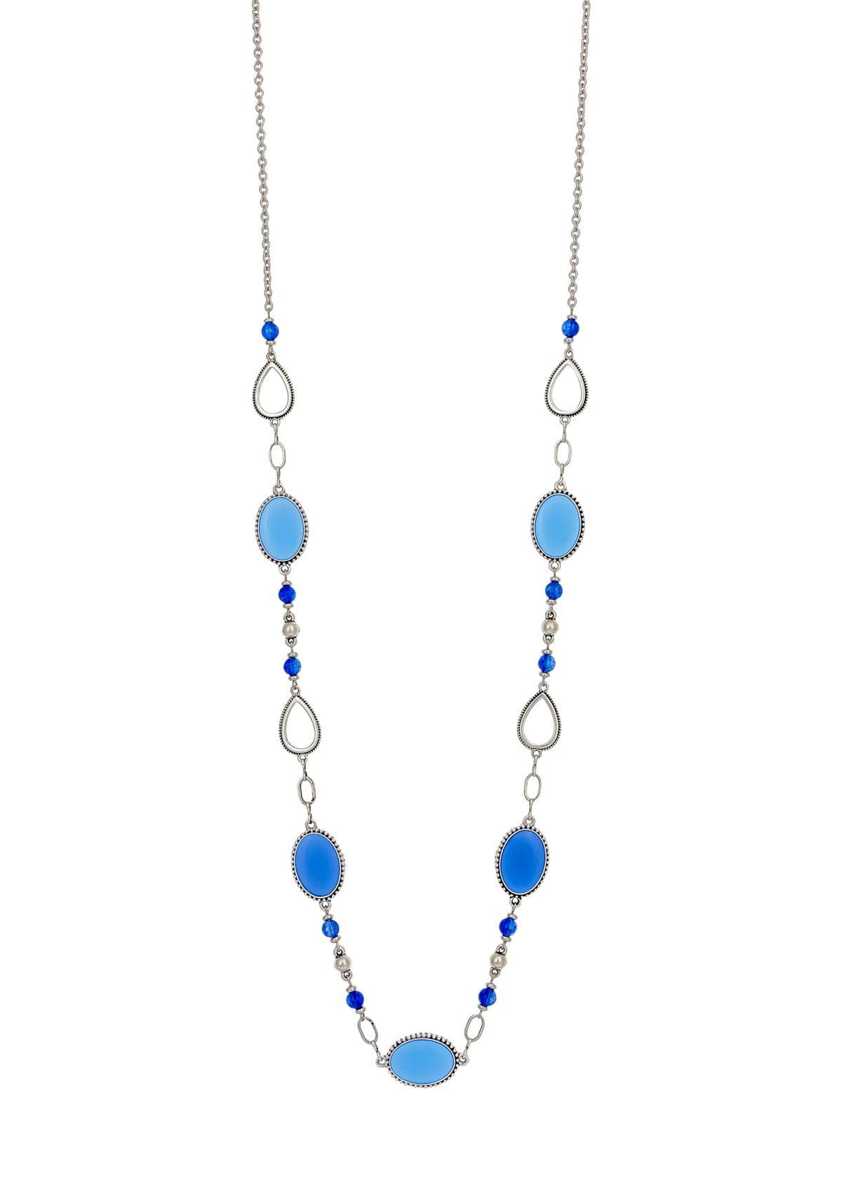 Silver-Tone Long Linked Blue Bead and Oval Disc Station Necklace