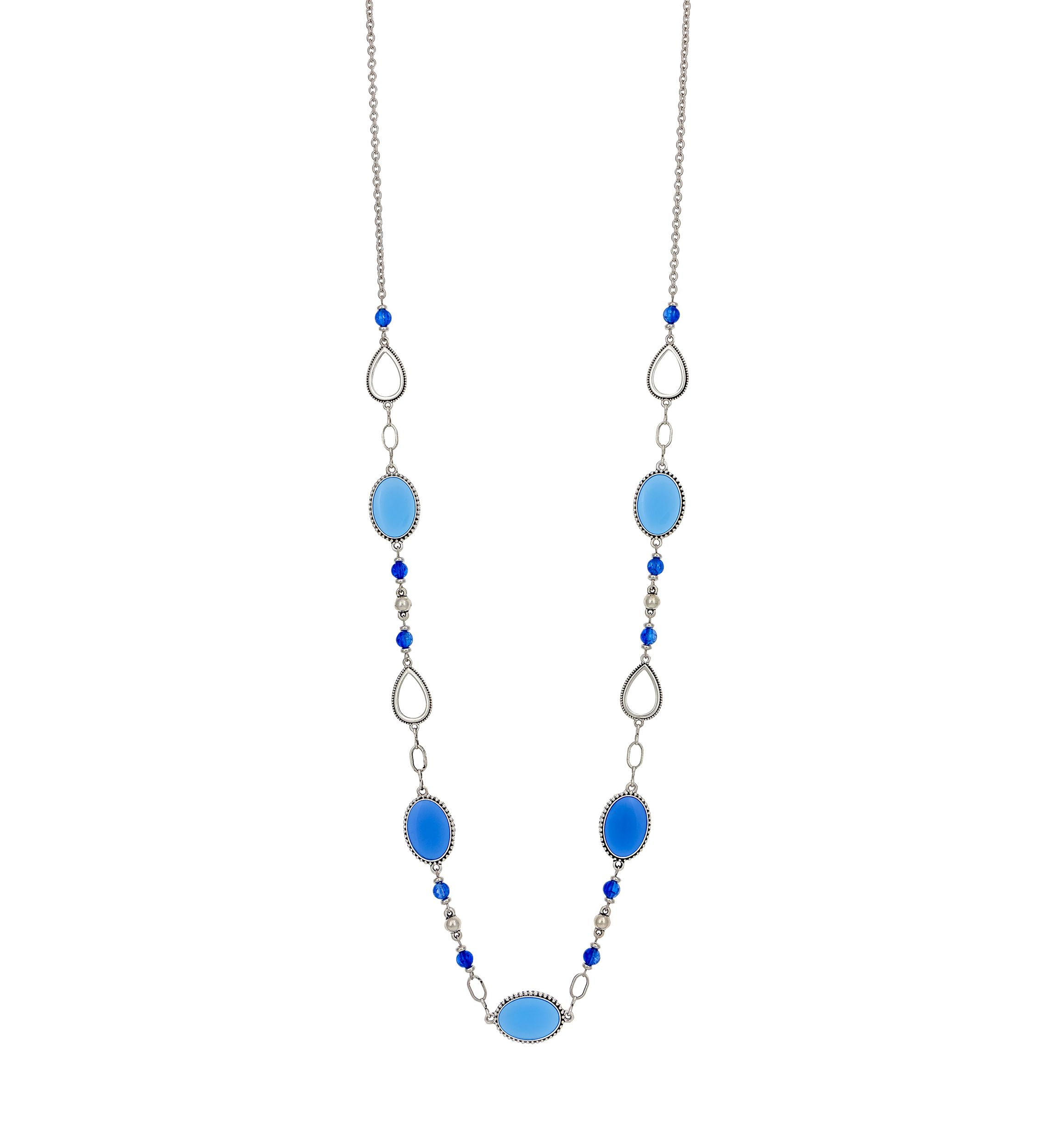 Silver-Tone Long Linked Blue Bead and Oval Disc Station Necklace